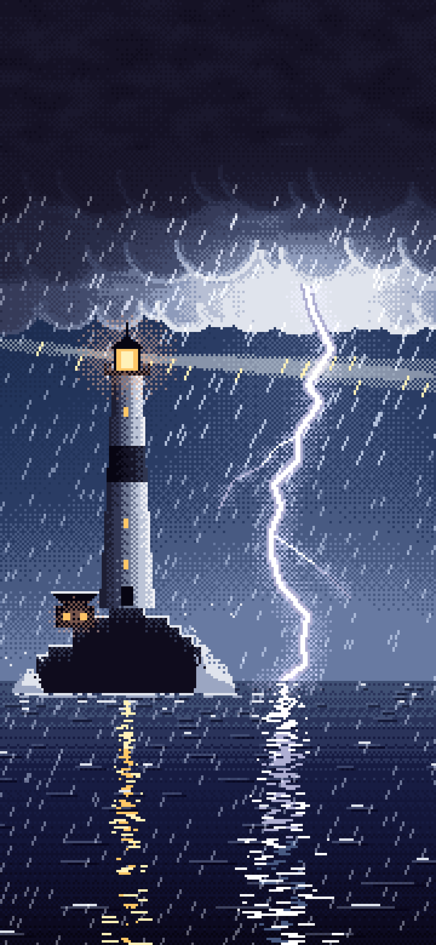Navy Pixel Art Lighthouse in a Lightning Storm wallpaper for iPhone and Android