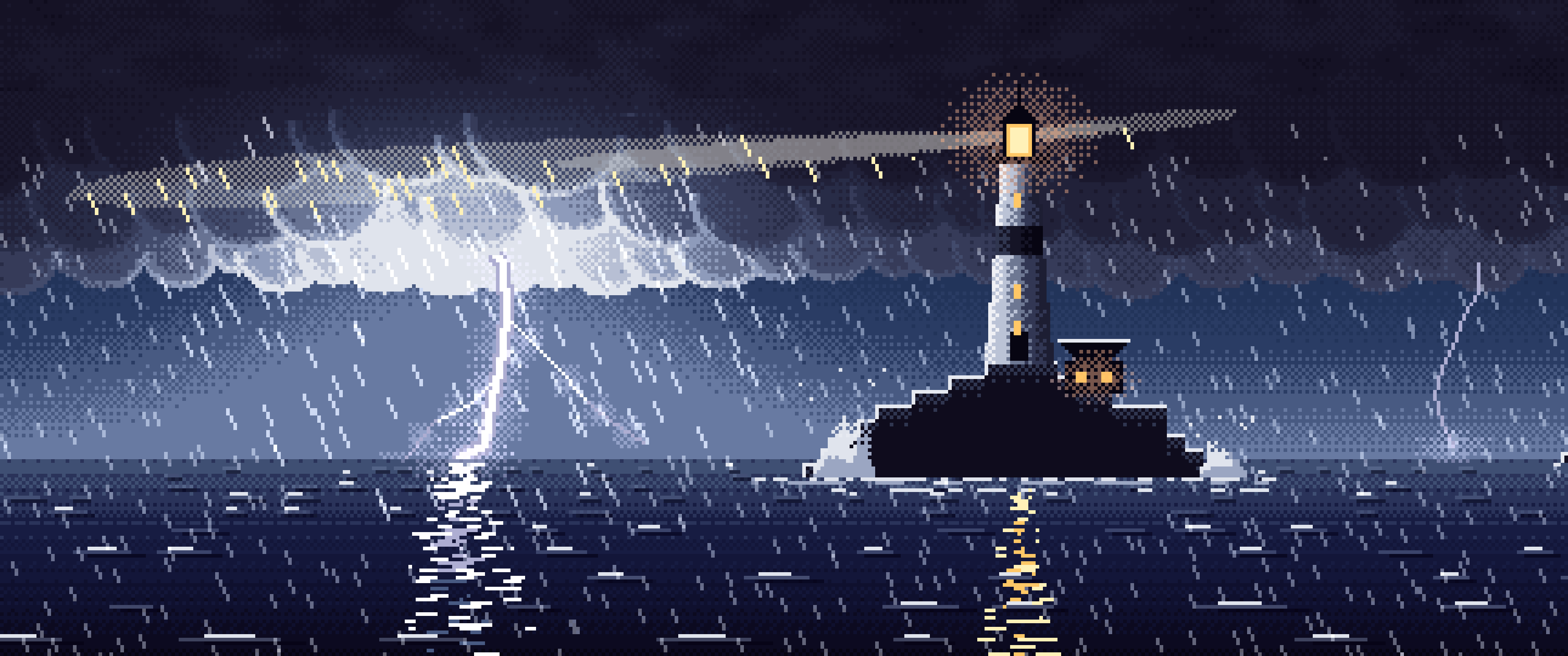 Navy Pixel Art Lighthouse in a Lightning Storm ultrawide wallpaper, 3440 × 1440