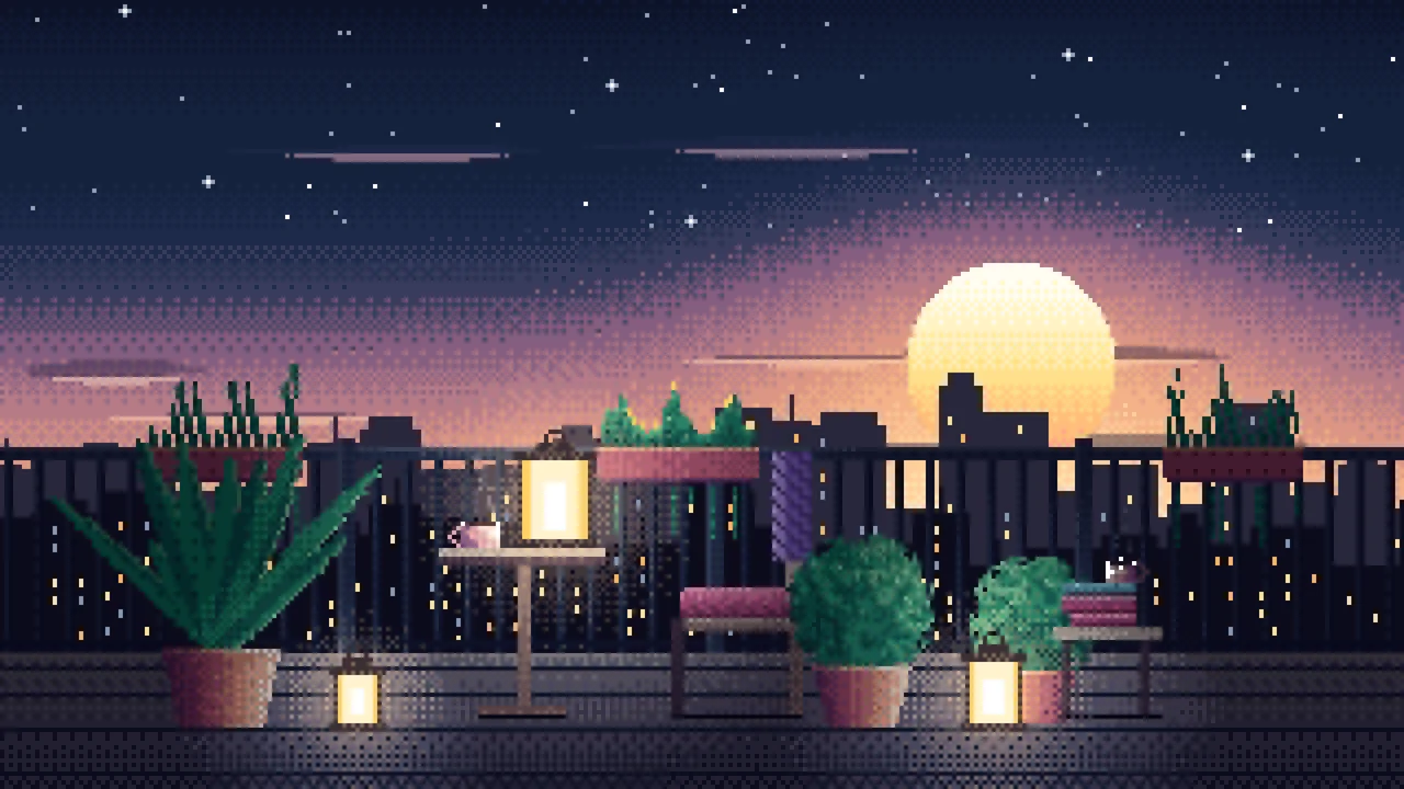 Navy Pixel Art Lofi Balcony at Dusk desktop wallpaper in 4K