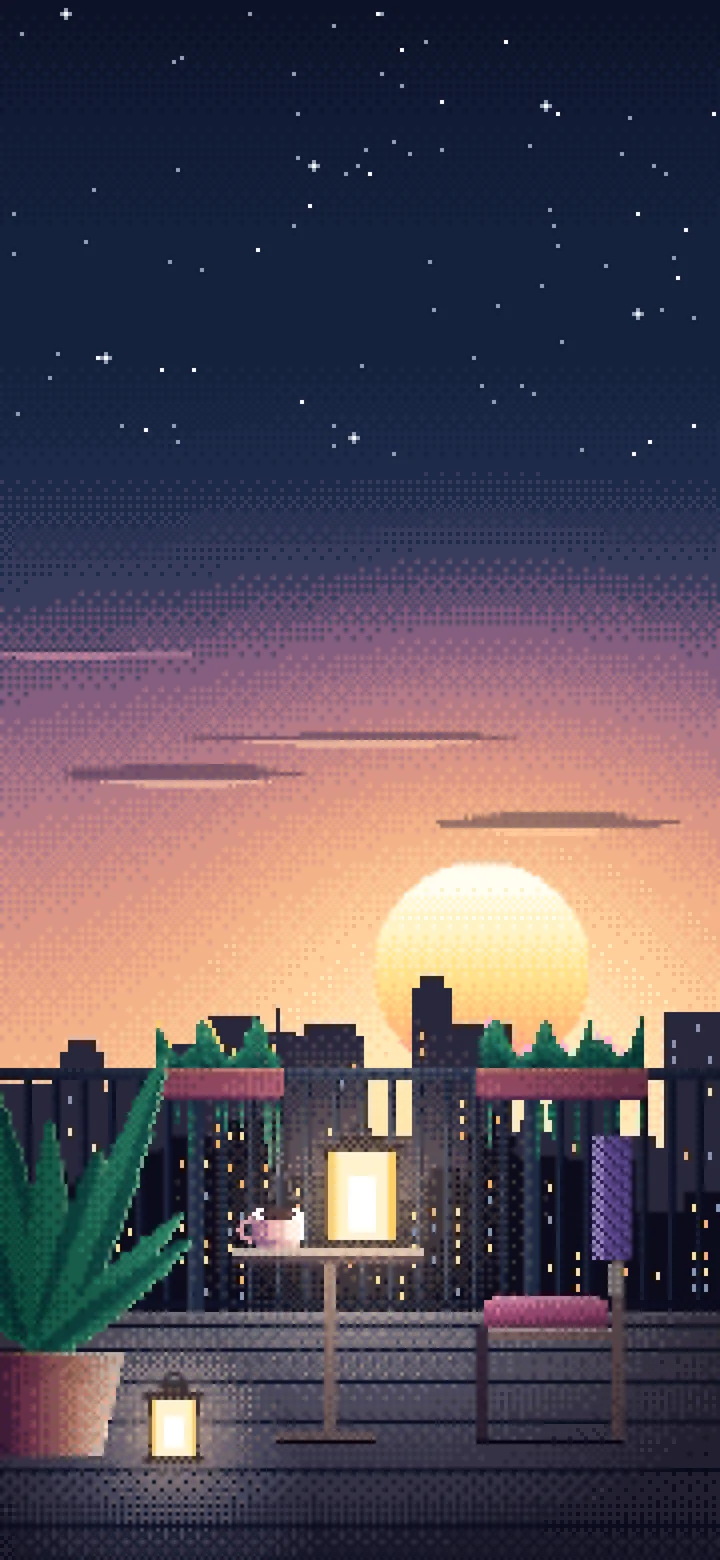 Navy Pixel Art Lofi Balcony at Dusk wallpaper for iPhone and Android