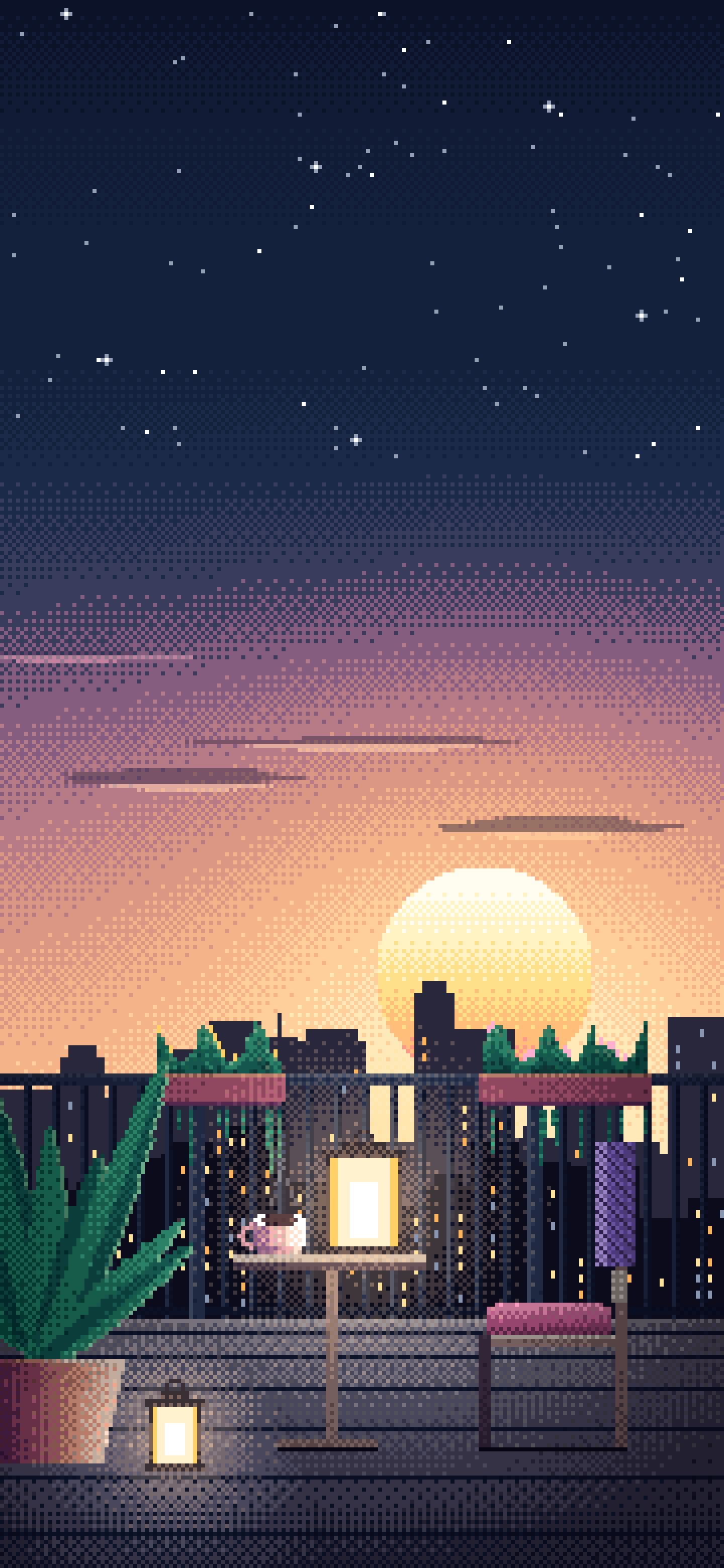 Navy Pixel Art Lofi Balcony at Dusk wallpaper for iPhone and Android