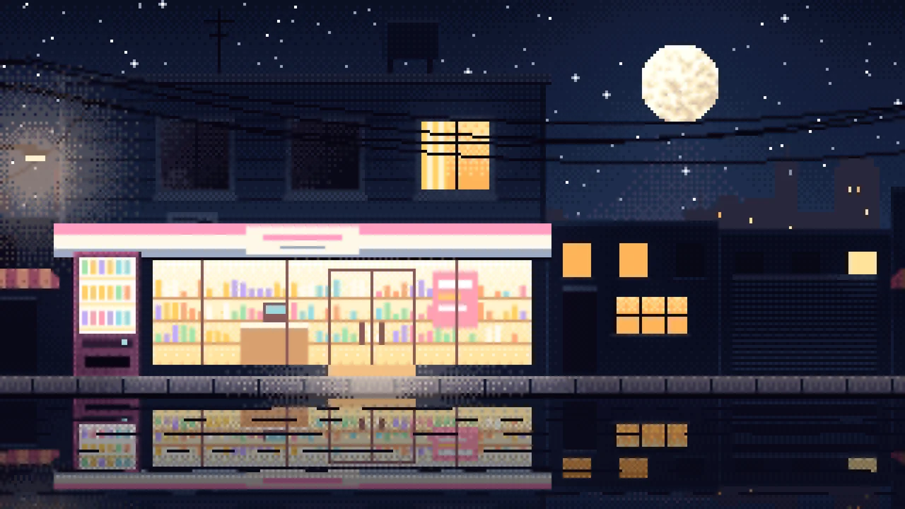 Navy Pixel Art Lofi Convenience Store at Night desktop wallpaper in 4K