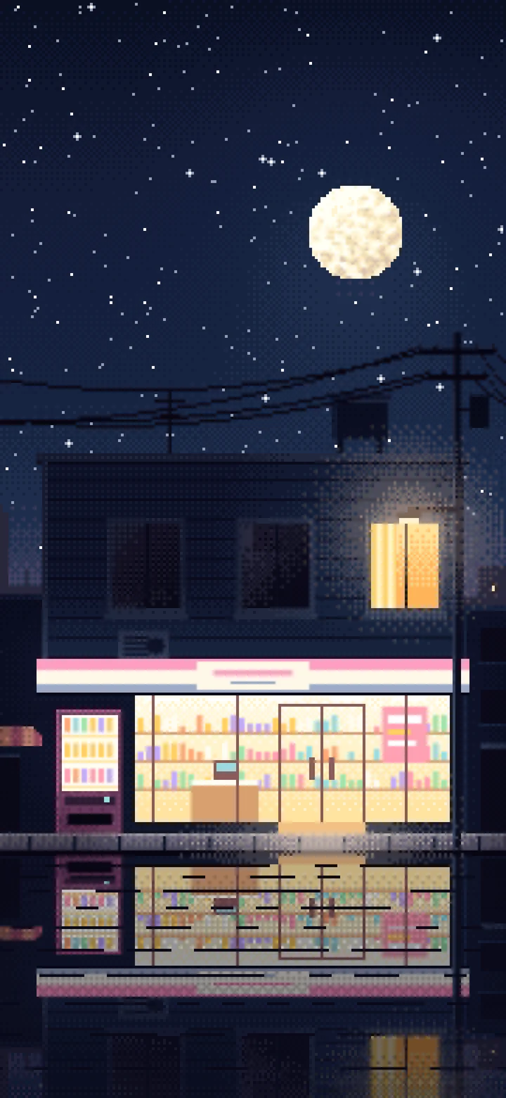 Navy Pixel Art Lofi Convenience Store at Night wallpaper for iPhone and Android