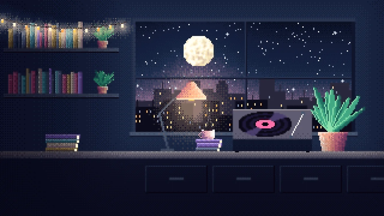 Navy Pixel Art Lofi Room desktop wallpaper in 4K