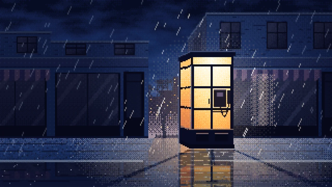 Navy Pixel Art Lonely Telephone Box at Night desktop wallpaper in 4K