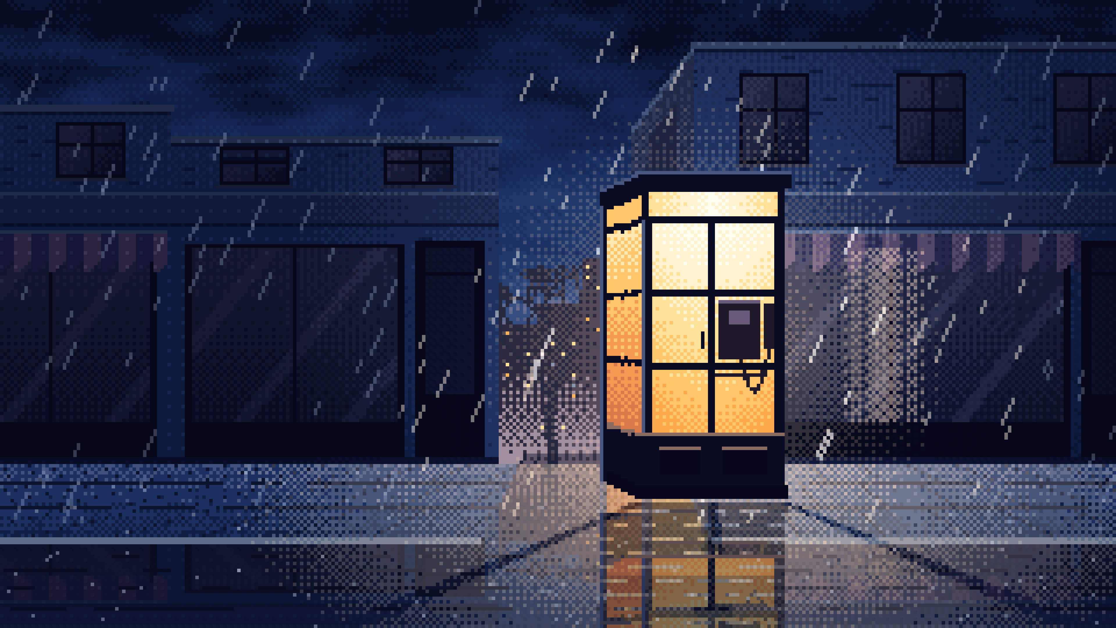 Navy Pixel Art Lonely Telephone Box at Night desktop wallpaper in 4K