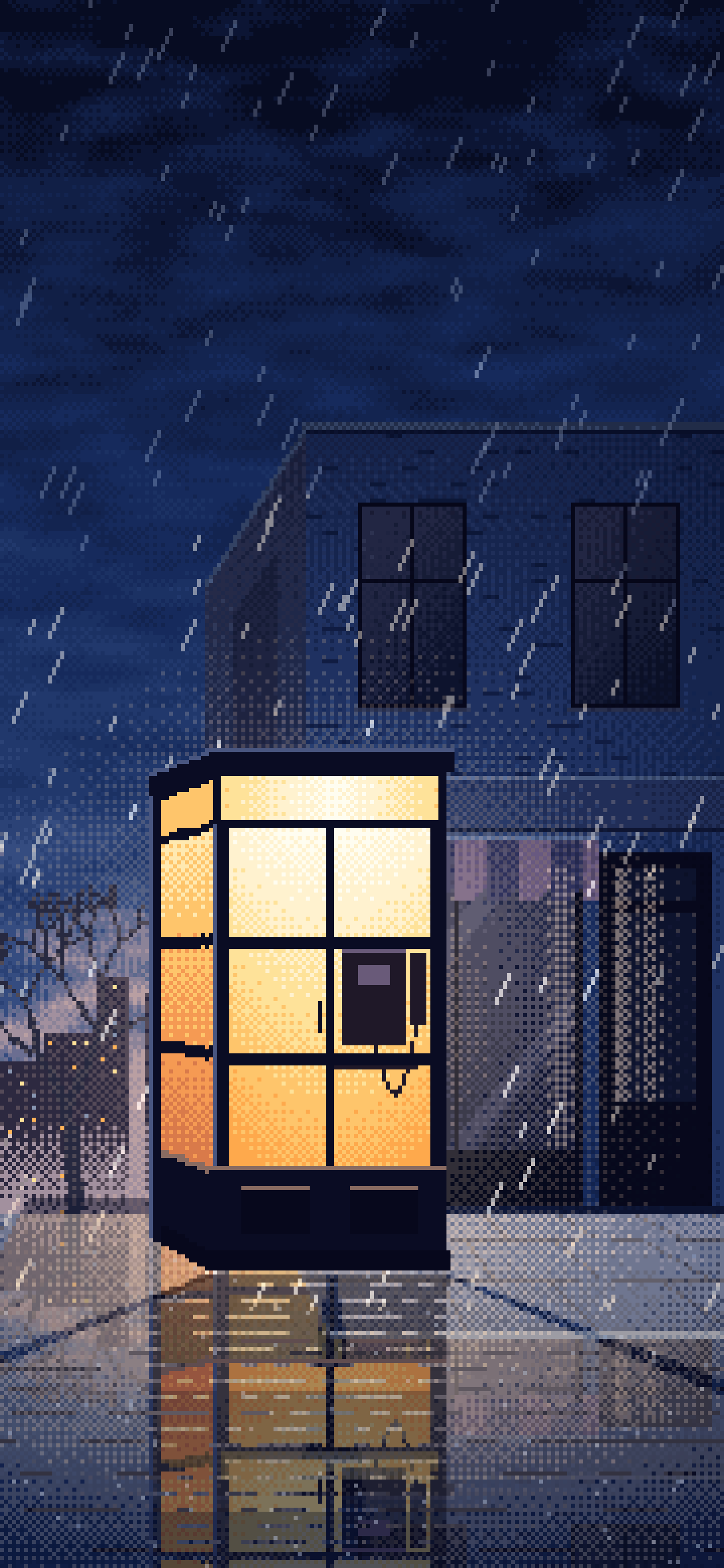 Navy Pixel Art Lonely Telephone Box at Night wallpaper for iPhone and Android