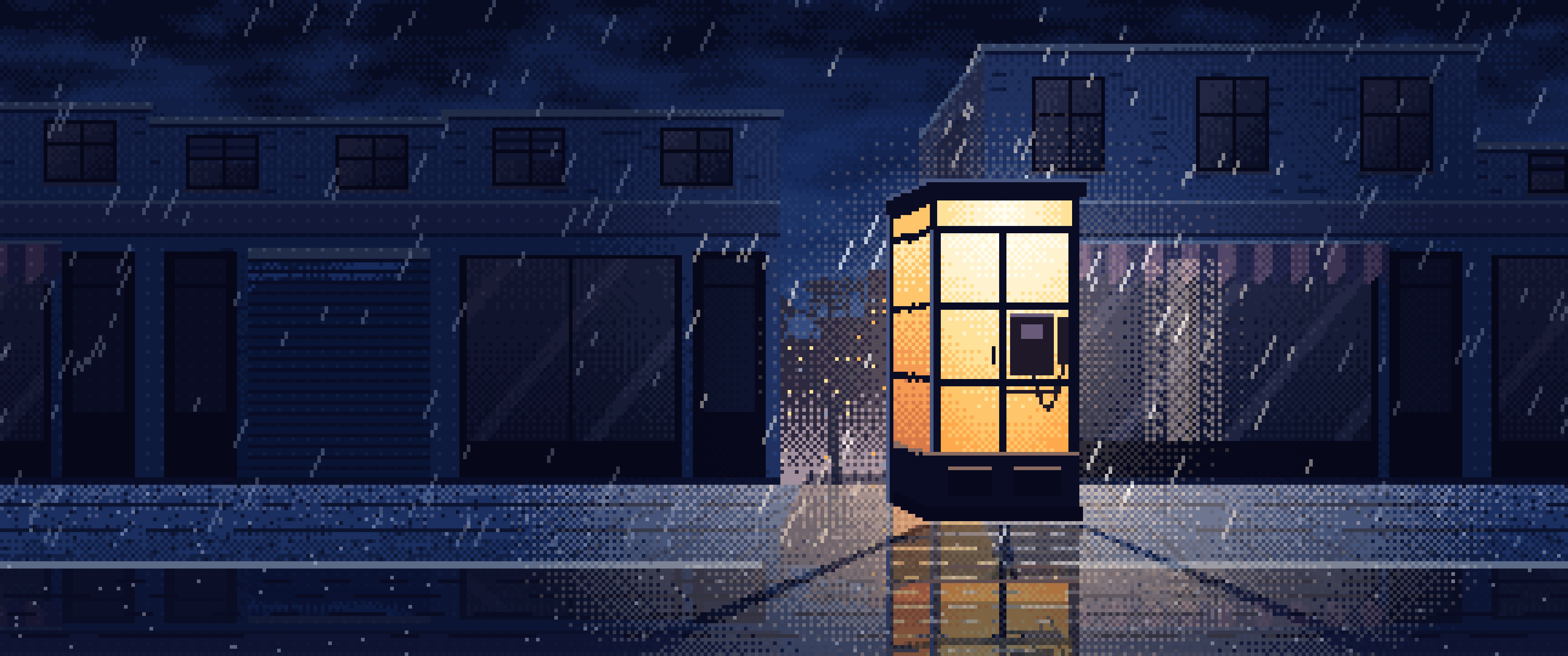 Navy Pixel Art Lonely Telephone Box at Night ultrawide wallpaper, 3440 × 1440