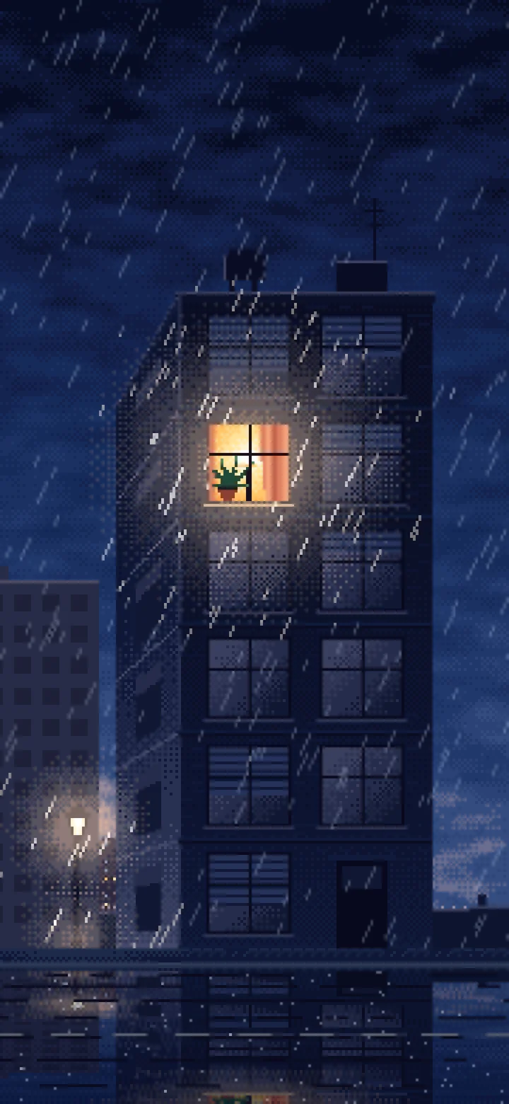 Navy Pixel Art Lonely Window in the Rain wallpaper for iPhone and Android