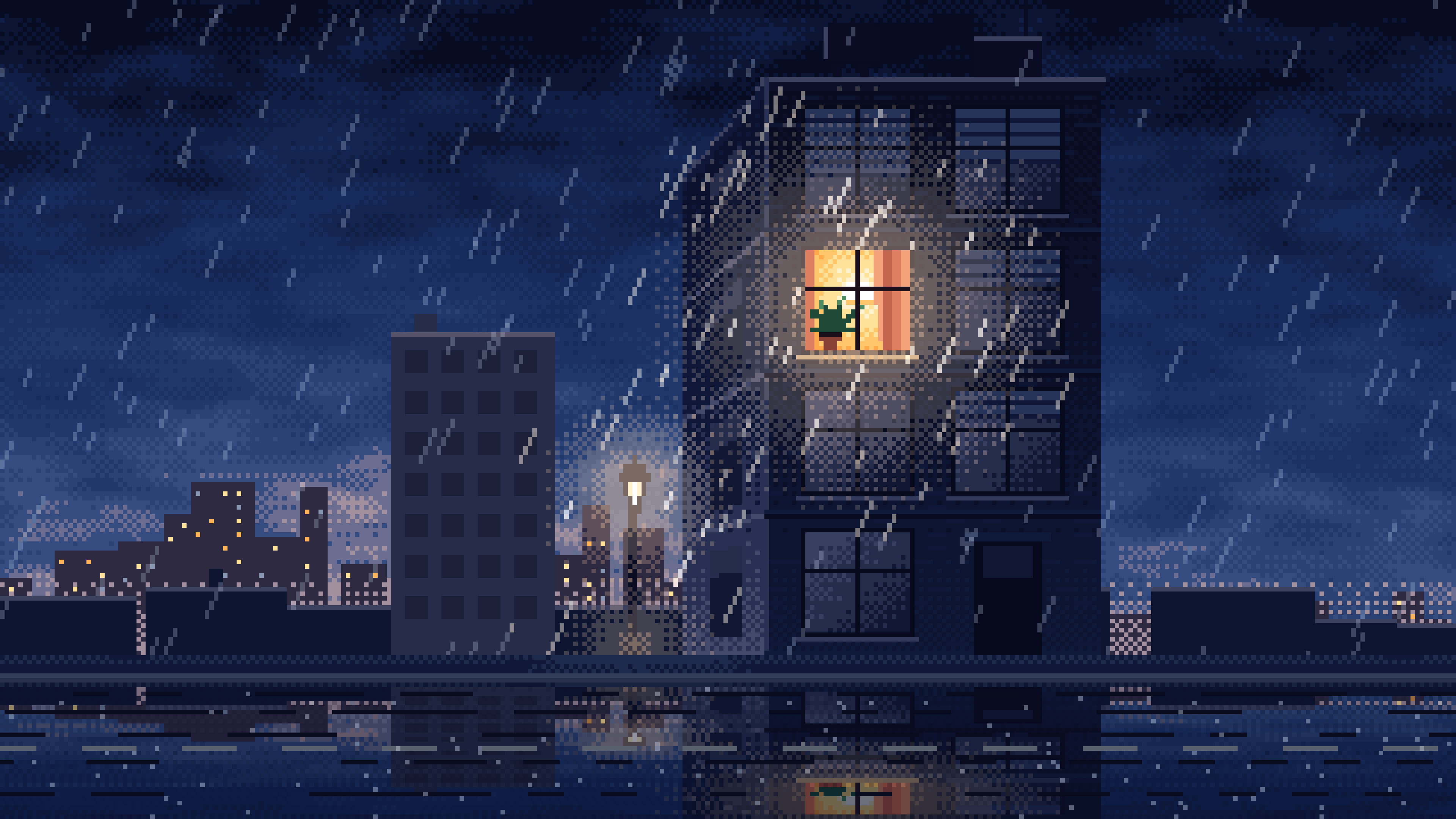 Navy Pixel Art Lonely Window in the Rain desktop wallpaper in 4K