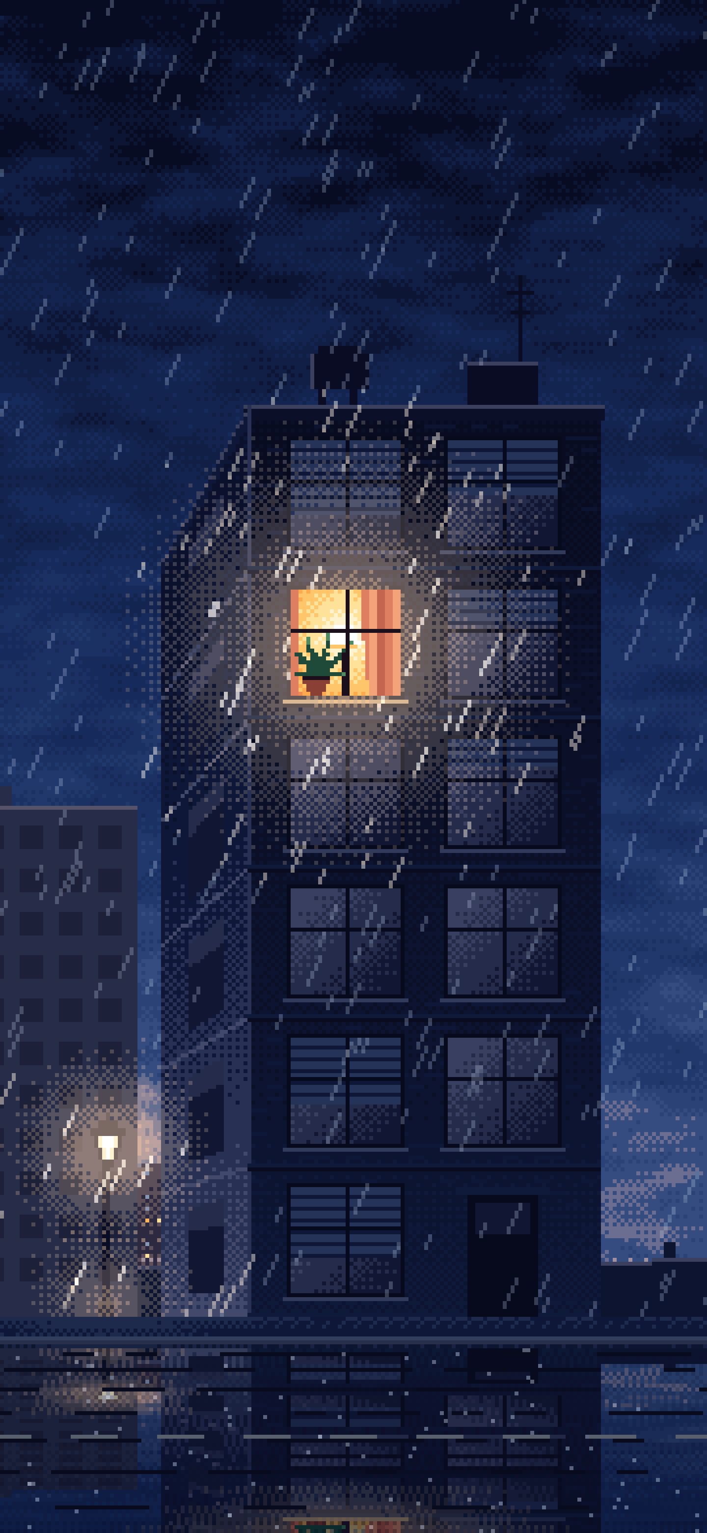 Navy Pixel Art Lonely Window in the Rain wallpaper for iPhone and Android