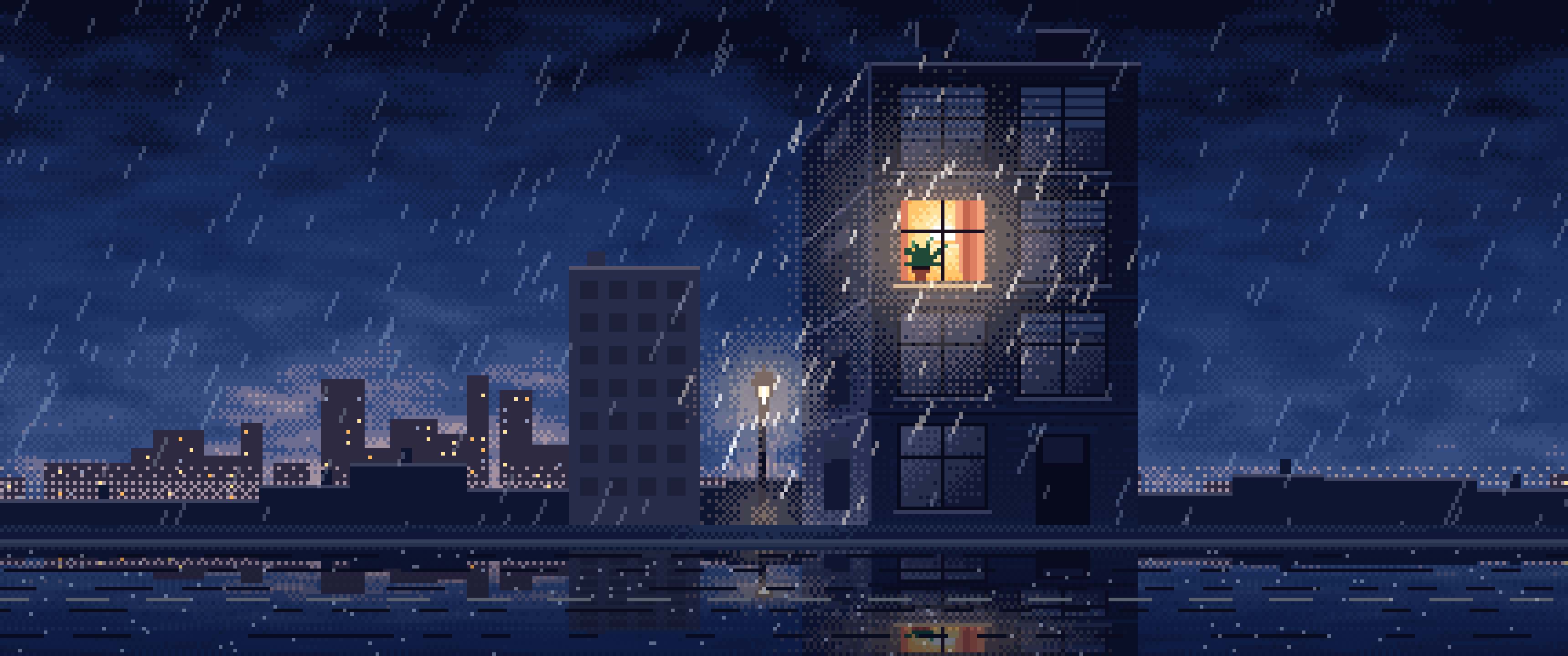 Navy Pixel Art Lonely Window in the Rain ultrawide wallpaper, 3440 × 1440