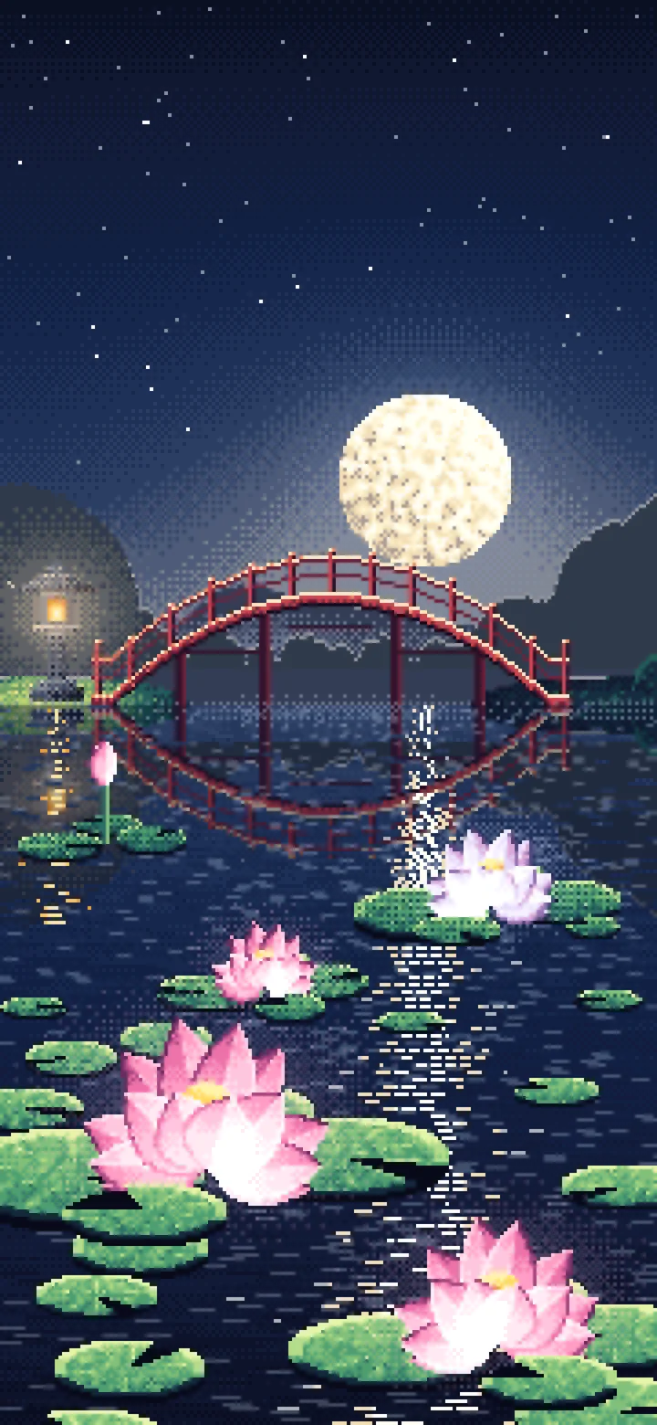 Navy Pixel Art Lotus Pond at Night wallpaper for iPhone and Android