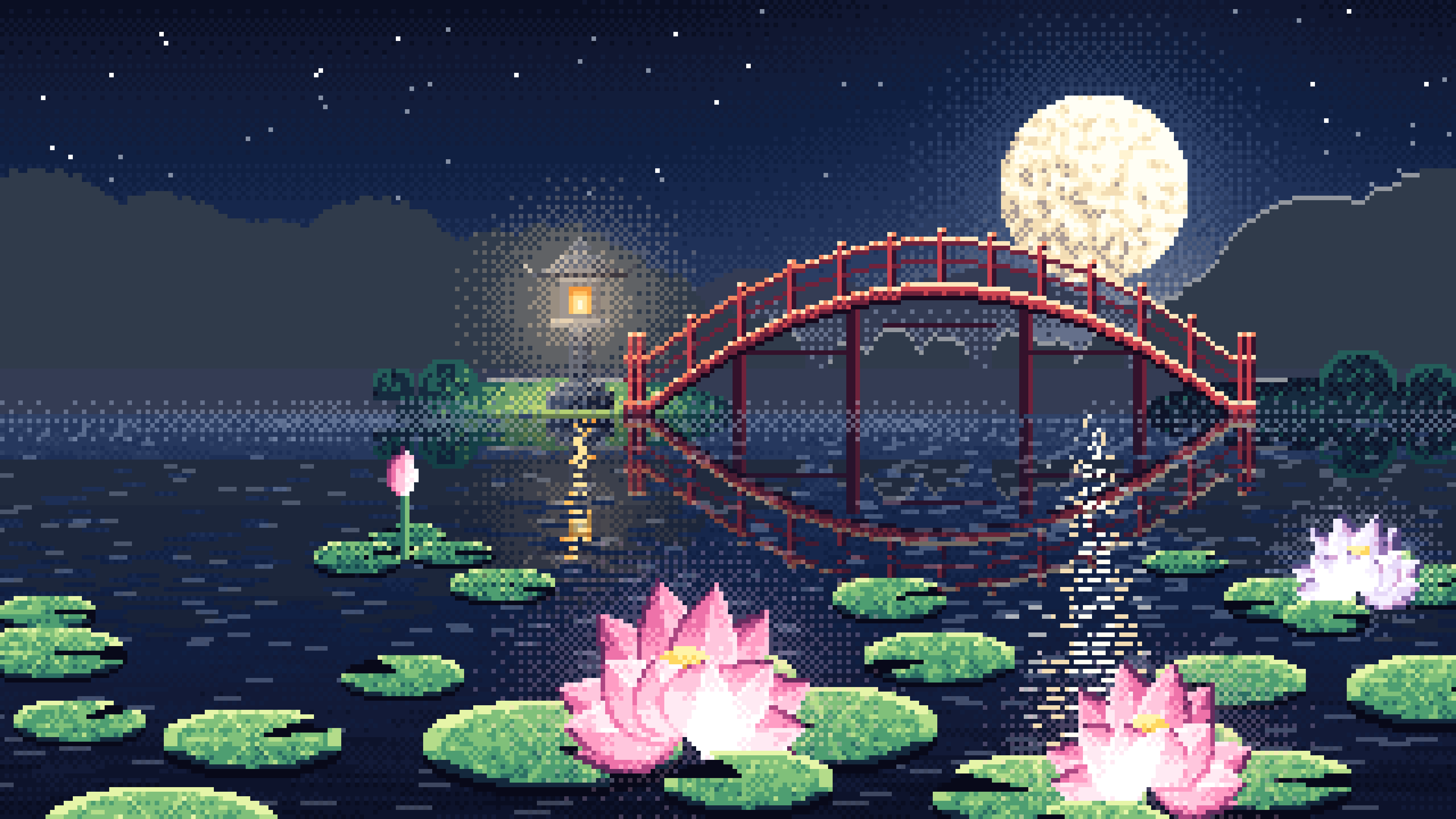 Navy Pixel Art Lotus Pond at Night desktop wallpaper in 4K