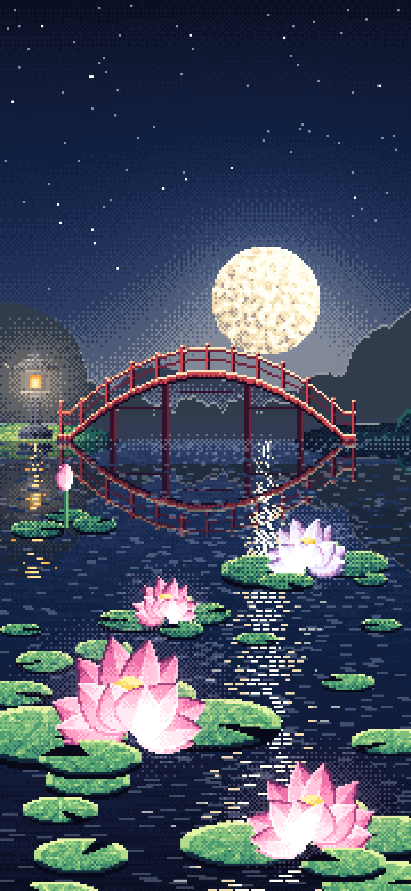 Navy Pixel Art Lotus Pond at Night wallpaper for iPhone and Android