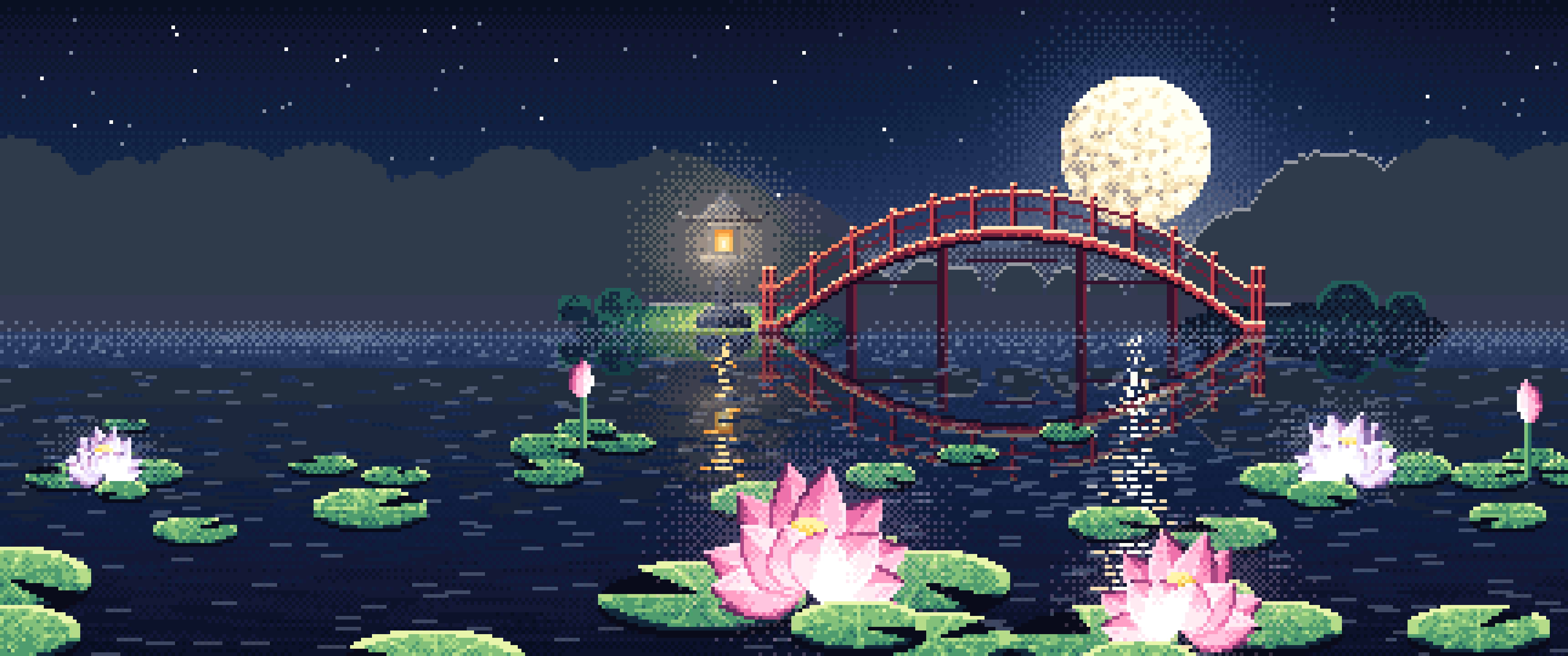 Navy Pixel Art Lotus Pond at Night ultrawide wallpaper, 3440 × 1440