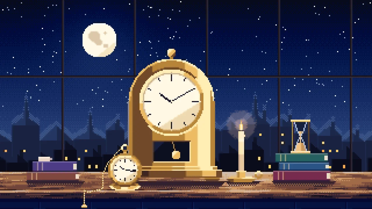 Navy Pixel Art Mantel Clock on a Windowsill desktop wallpaper in 4K