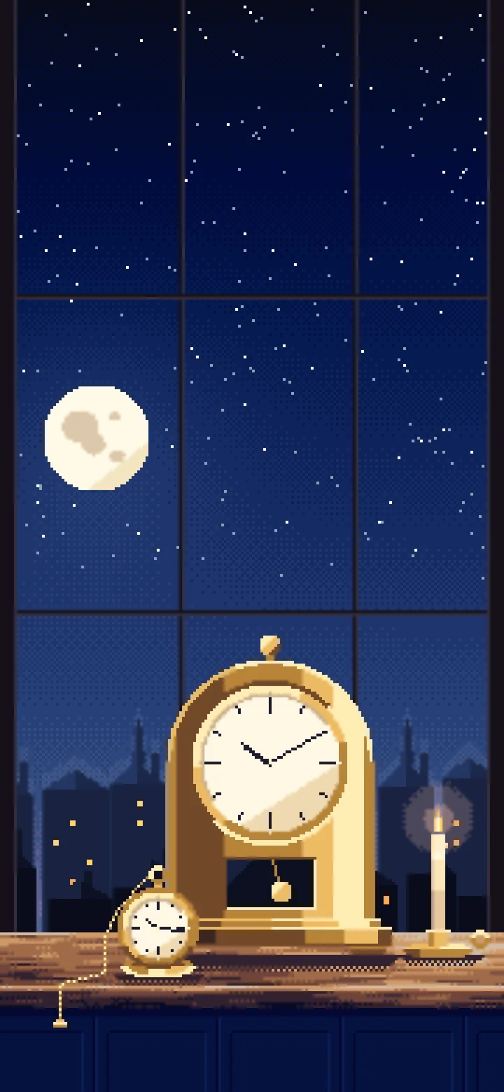 Navy Pixel Art Mantel Clock on a Windowsill wallpaper for iPhone and Android