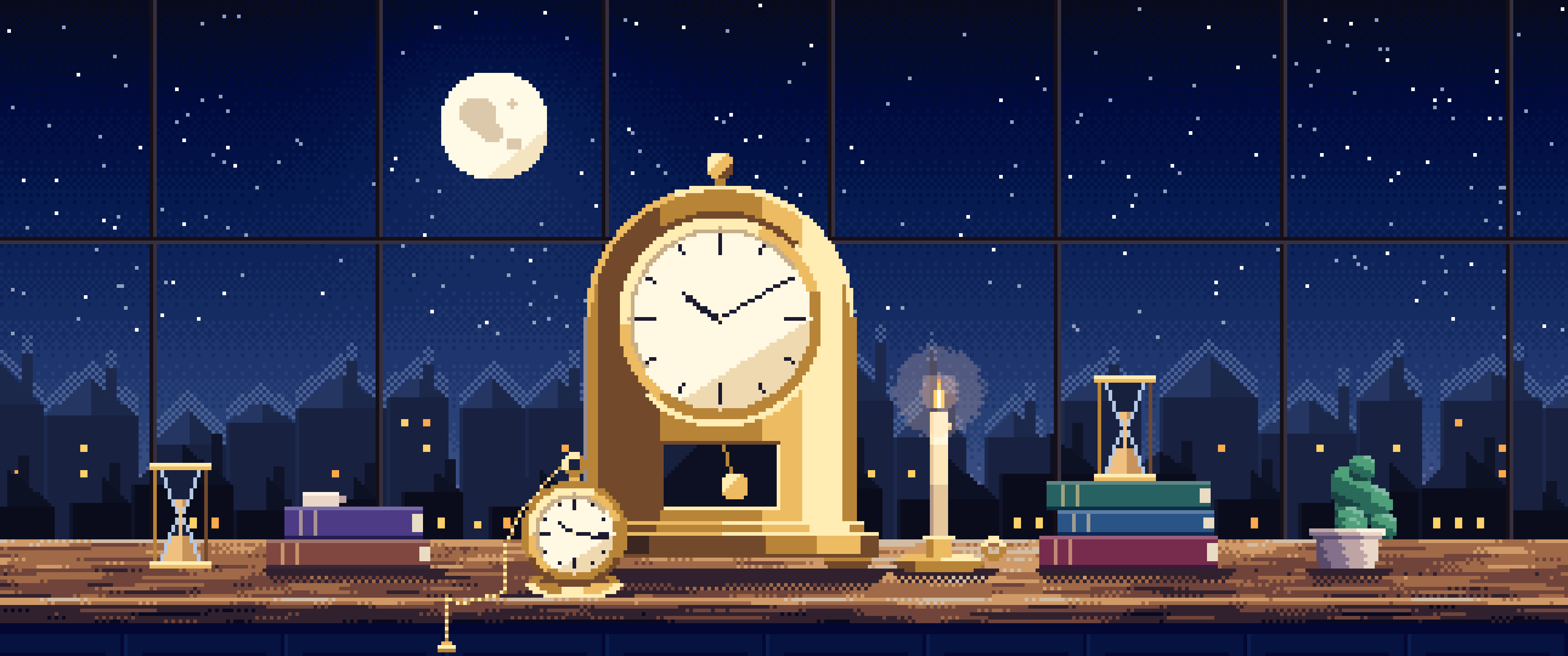 Navy Pixel Art Mantel Clock on a Windowsill ultrawide wallpaper, 3440 × 1440