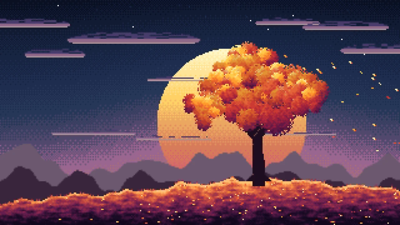 Navy Pixel Art Maple Tree at Sunset desktop wallpaper in 4K