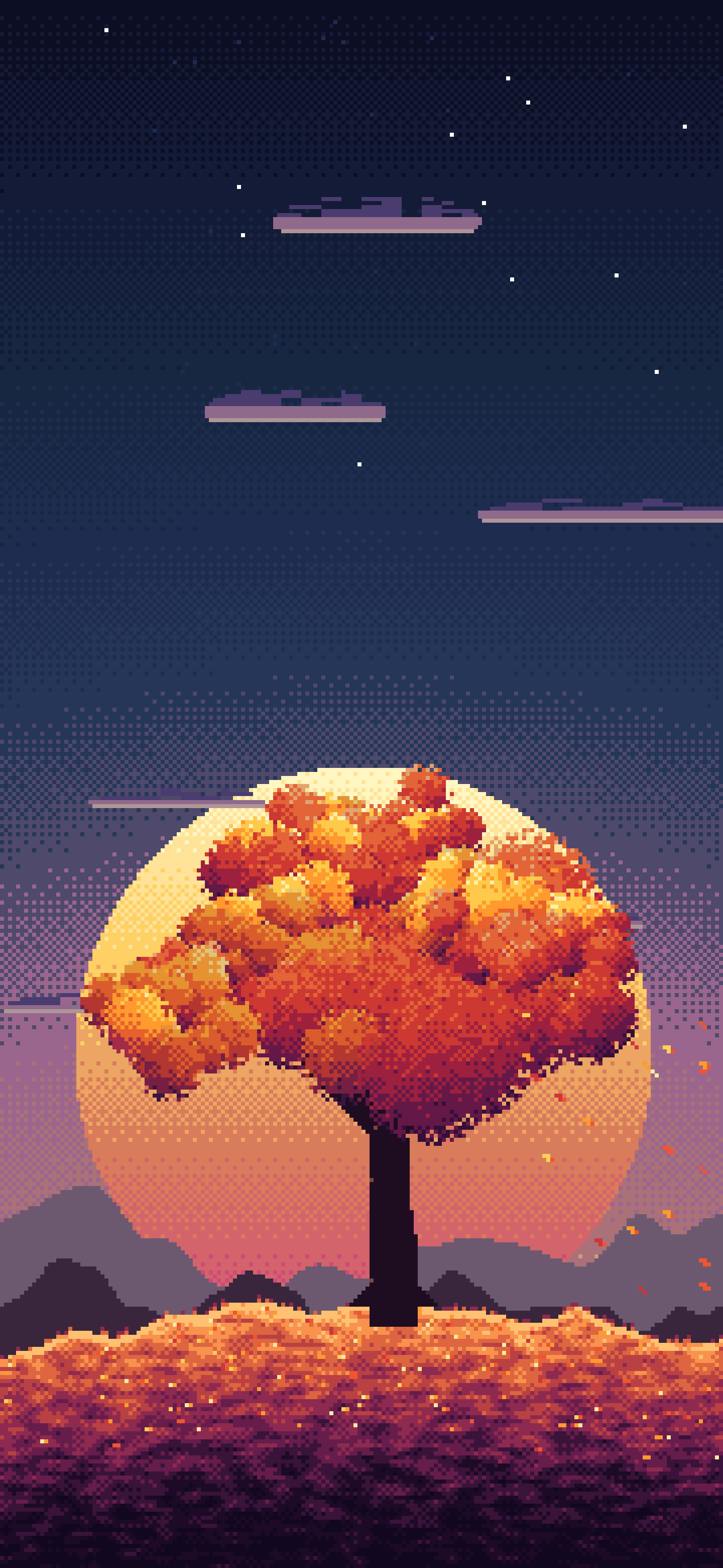 Navy Pixel Art Maple Tree at Sunset wallpaper for iPhone and Android