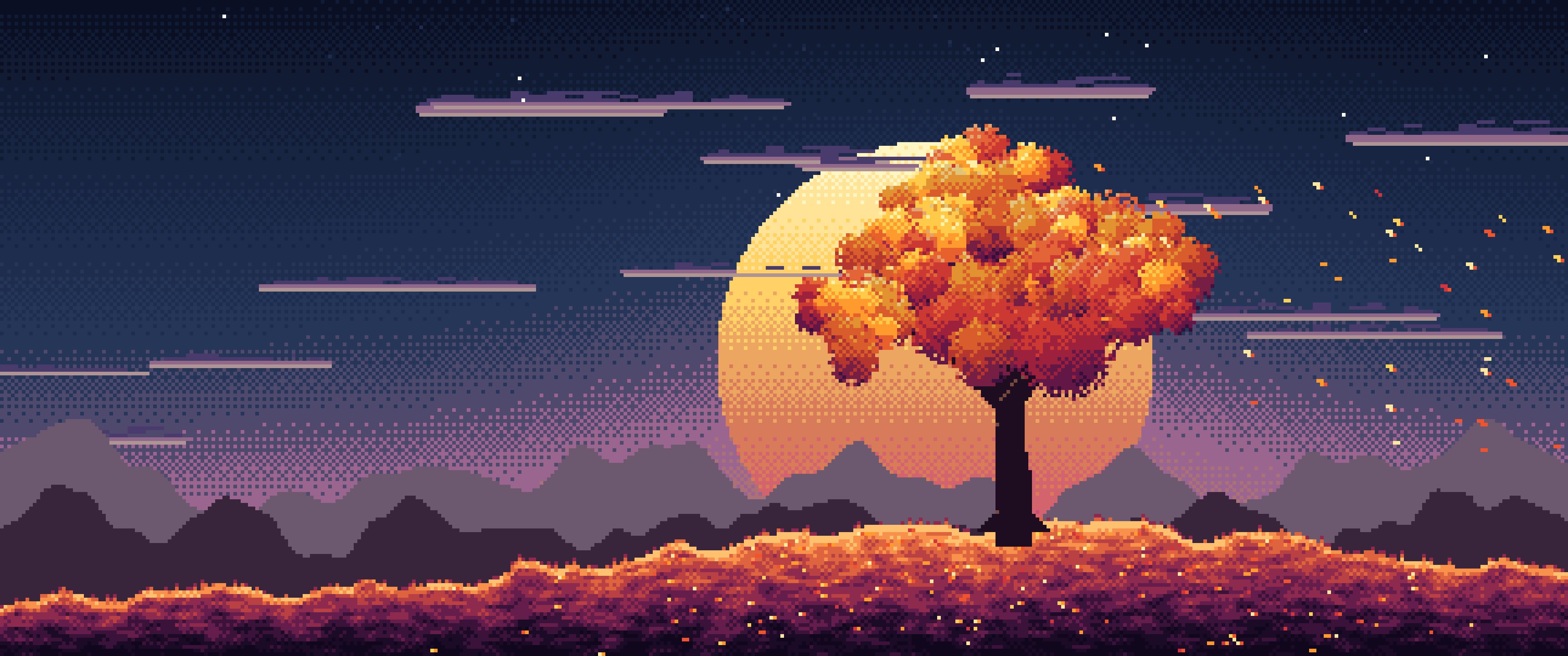 Navy Pixel Art Maple Tree at Sunset ultrawide wallpaper, 3440 × 1440