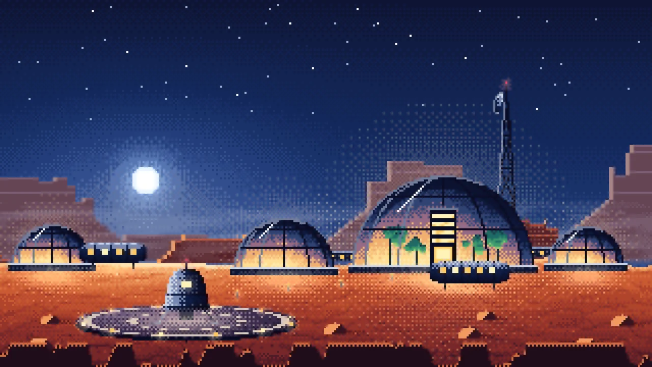 Navy Pixel Art Mars Colony at Sunset desktop wallpaper in 4K