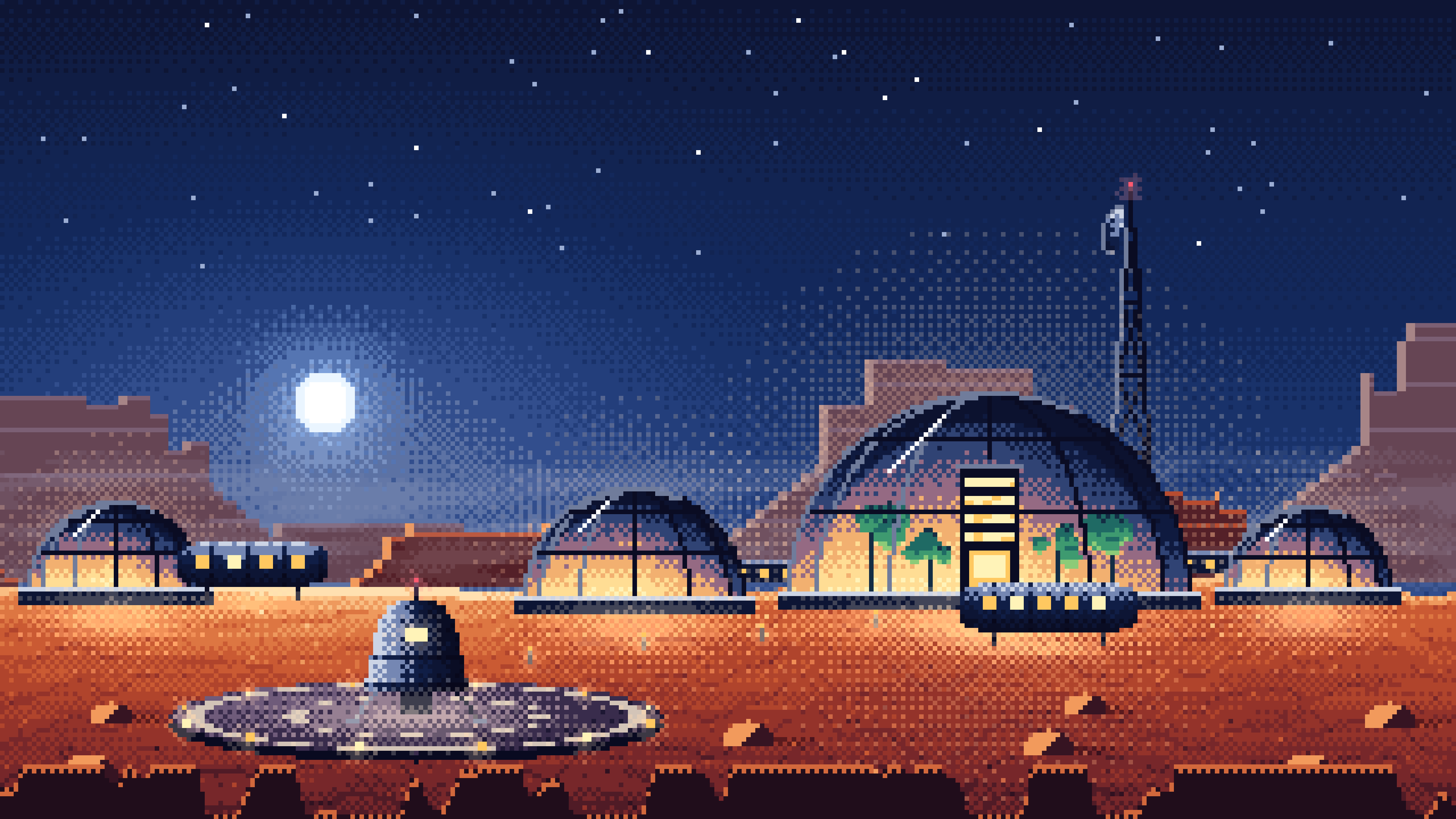 Navy Pixel Art Mars Colony at Sunset desktop wallpaper in 4K