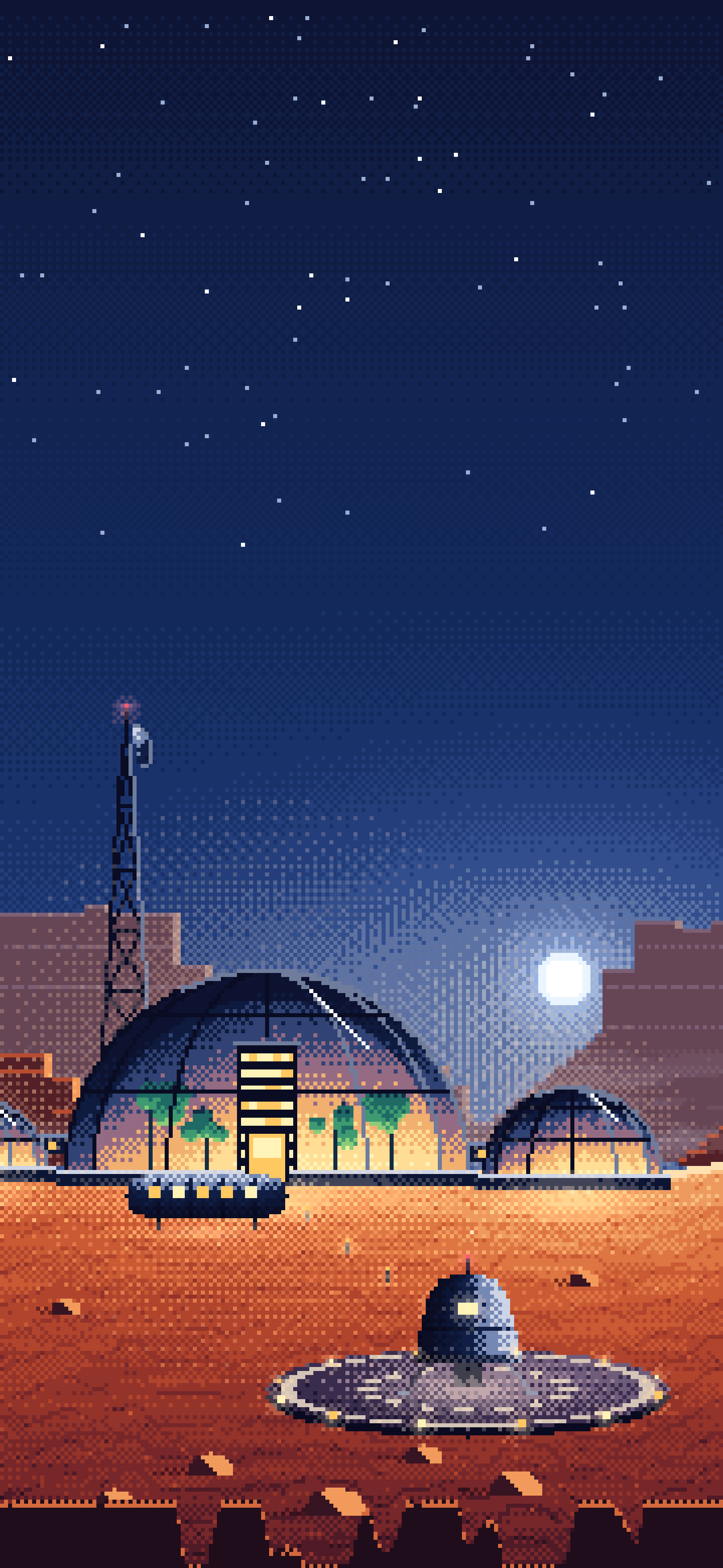 Navy Pixel Art Mars Colony at Sunset wallpaper for iPhone and Android