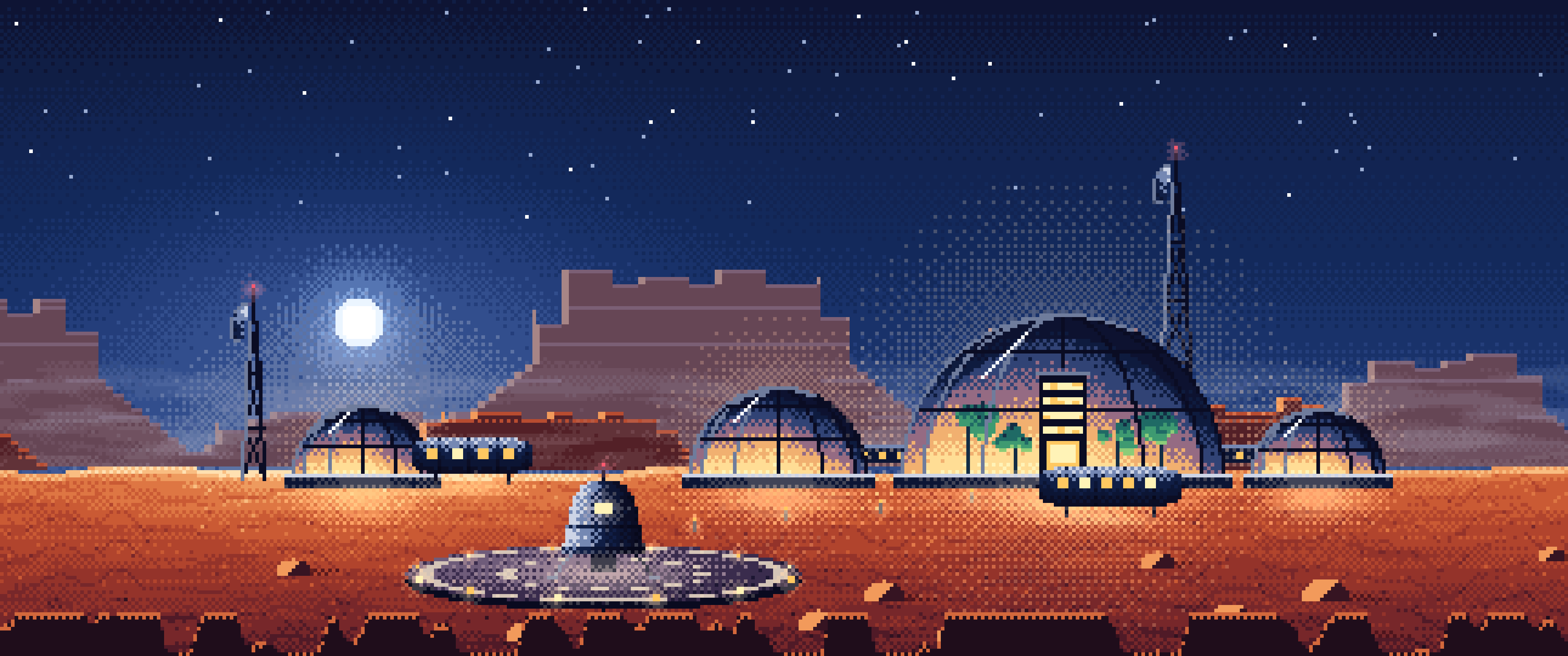 Navy Pixel Art Mars Colony at Sunset ultrawide wallpaper, 3440 × 1440