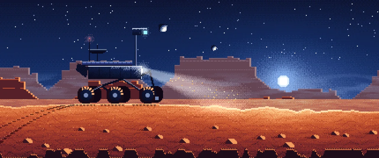 Navy Pixel Art Mars Rover at Dusk ultrawide wallpaper, 3440 × 1440