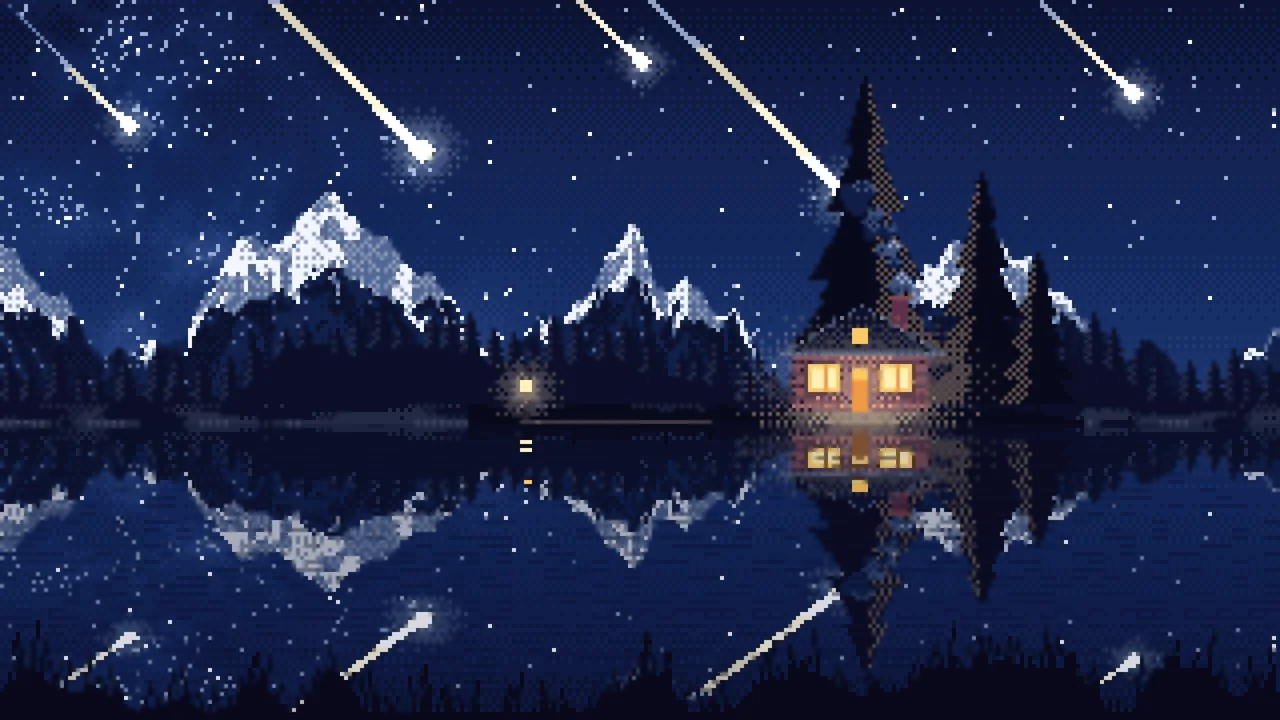 Navy Pixel Art Meteor Shower over a Lake desktop wallpaper in 4K