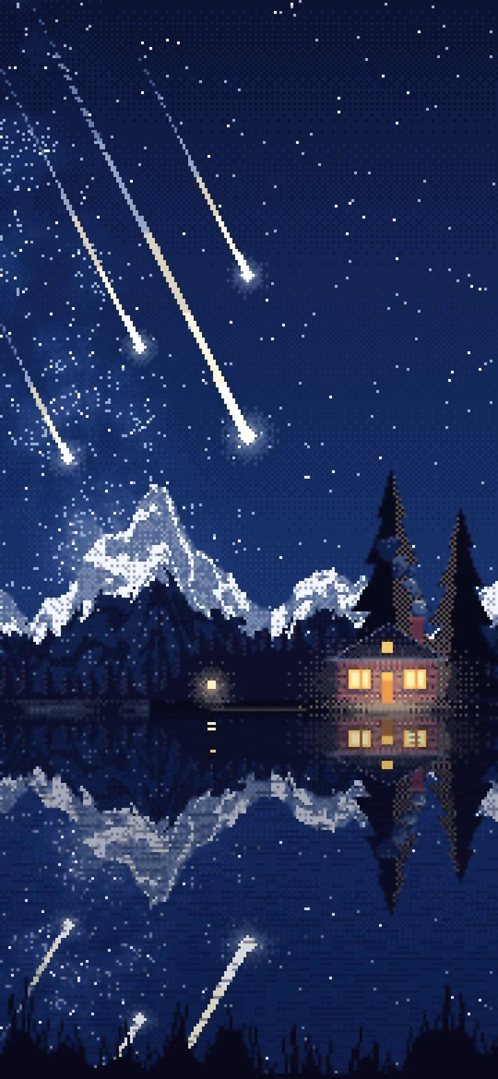 Navy Pixel Art Meteor Shower over a Lake wallpaper for iPhone and Android