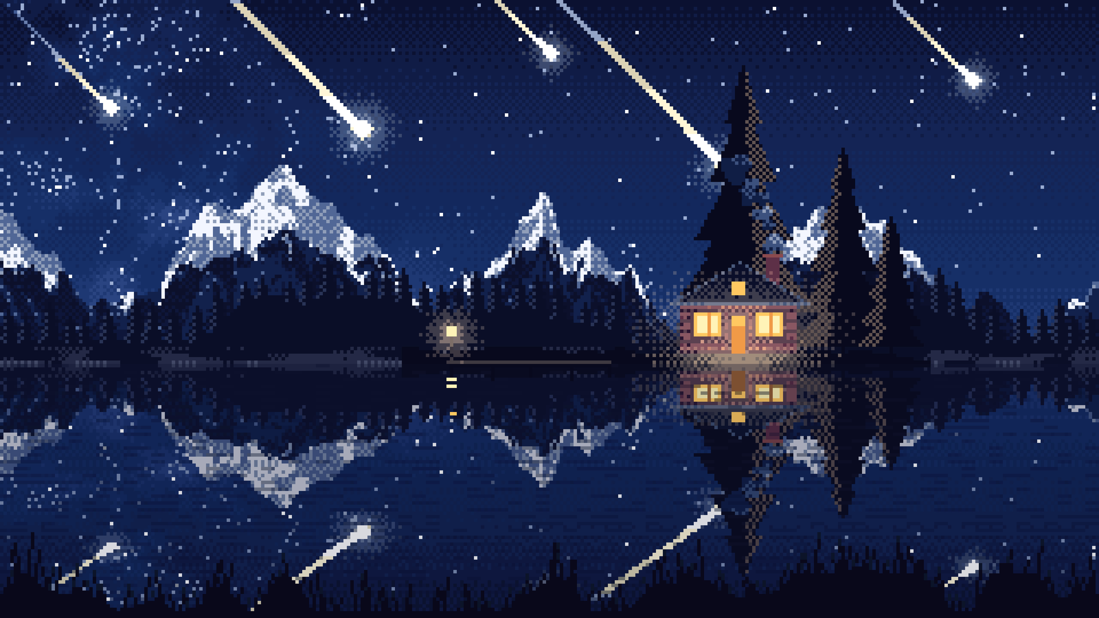Navy Pixel Art Meteor Shower over a Lake desktop wallpaper in 4K