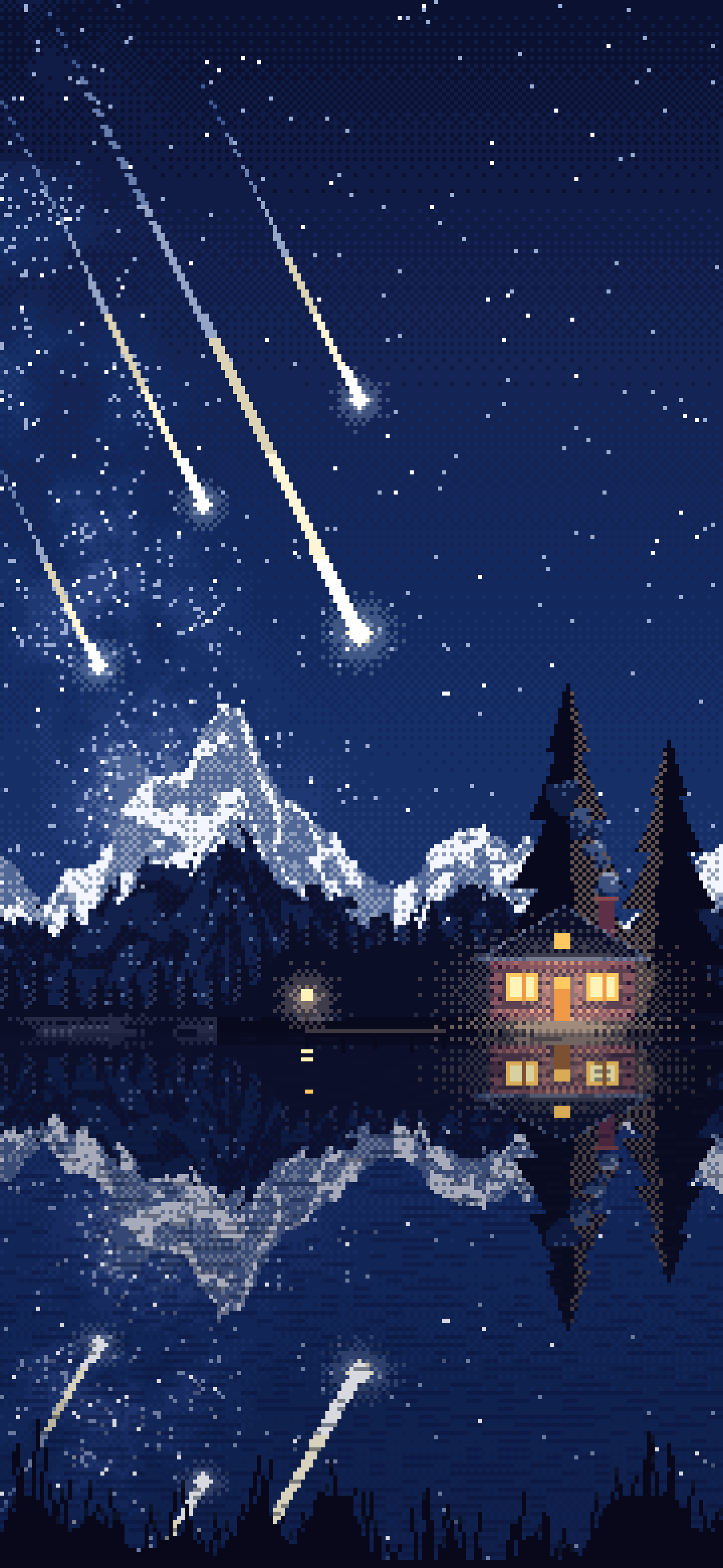 Navy Pixel Art Meteor Shower over a Lake wallpaper for iPhone and Android