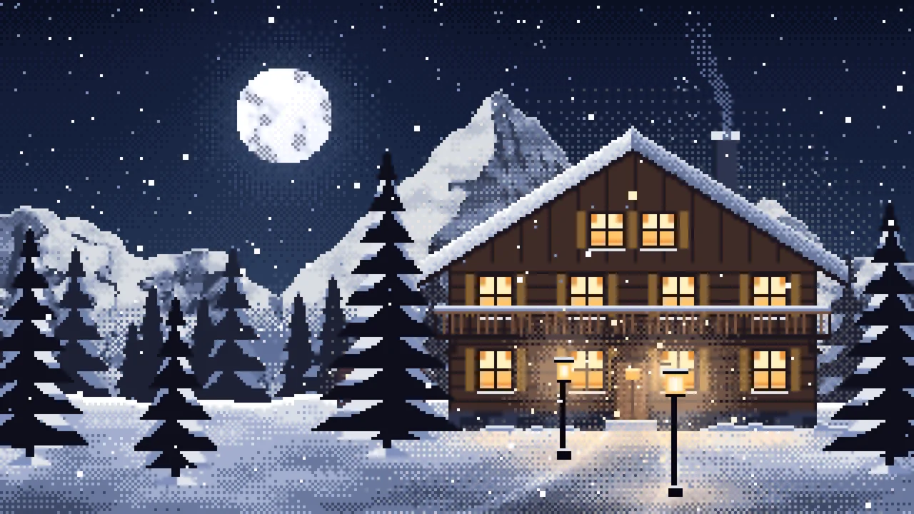 Navy Pixel Art Mountain Lodge at Night desktop wallpaper in 4K
