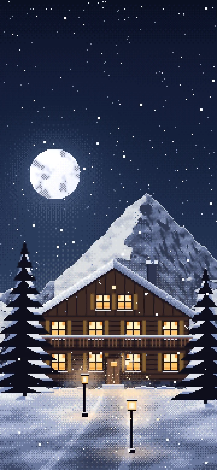 Navy Pixel Art Mountain Lodge at Night wallpaper for iPhone and Android