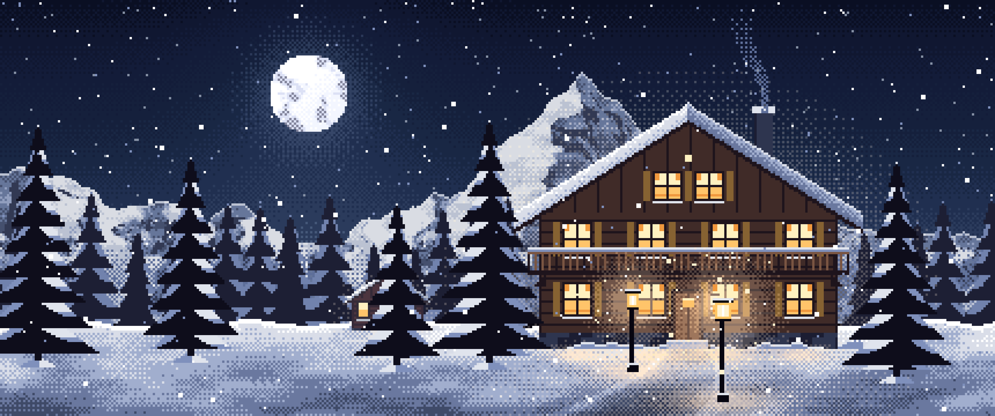 Navy Pixel Art Mountain Lodge at Night ultrawide wallpaper, 3440 × 1440