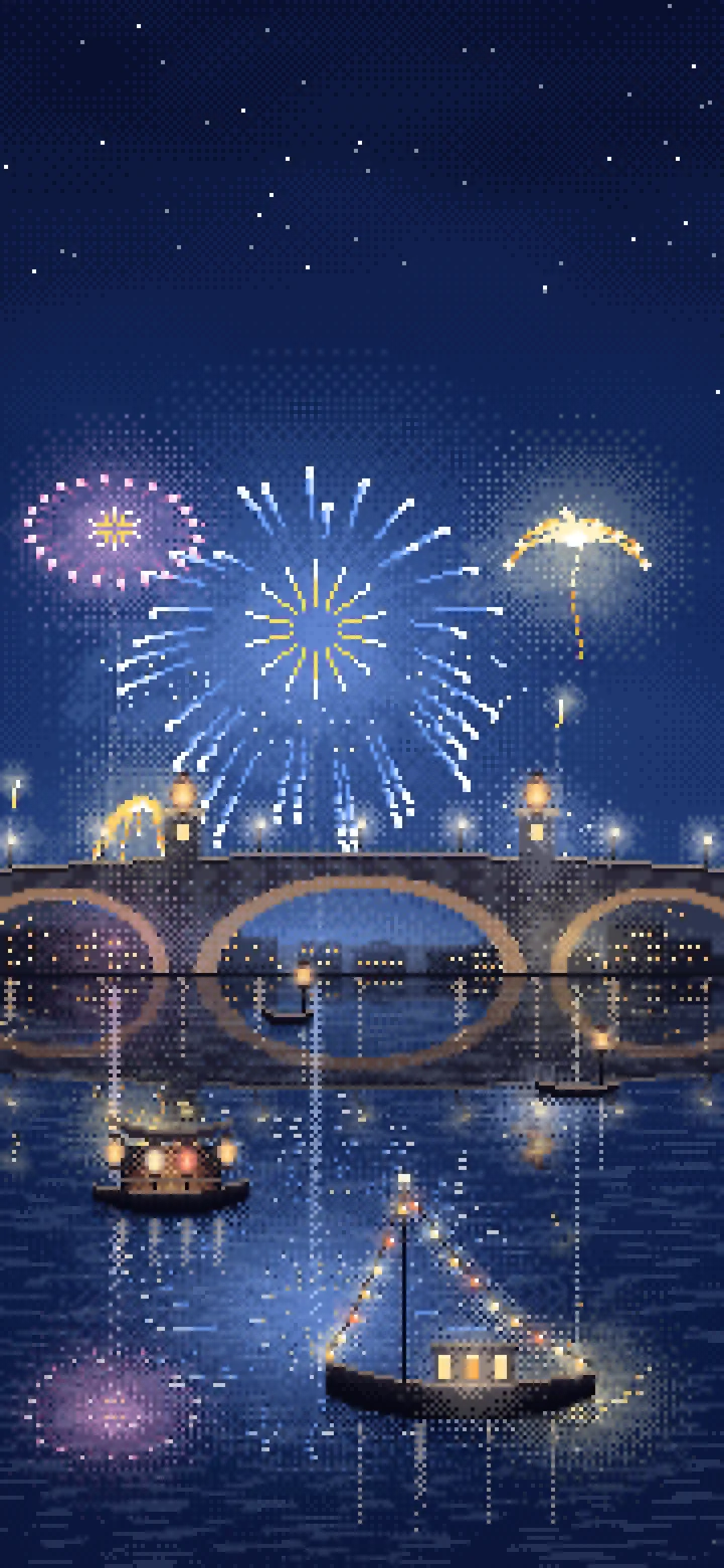 Navy Pixel Art New Year Fireworks Over a Harbor wallpaper for iPhone and Android