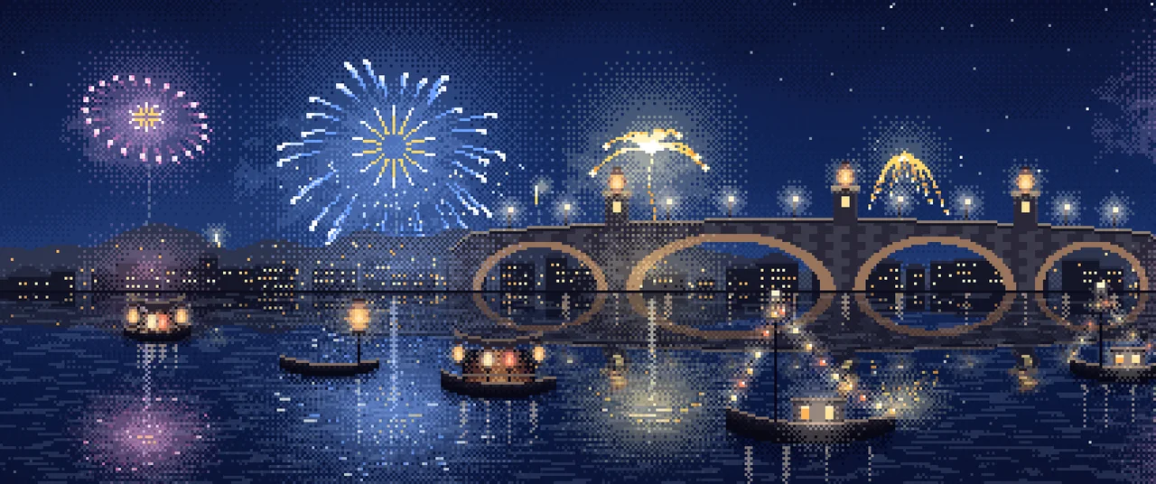 Navy Pixel Art New Year Fireworks Over a Harbor ultrawide wallpaper, 3440 × 1440