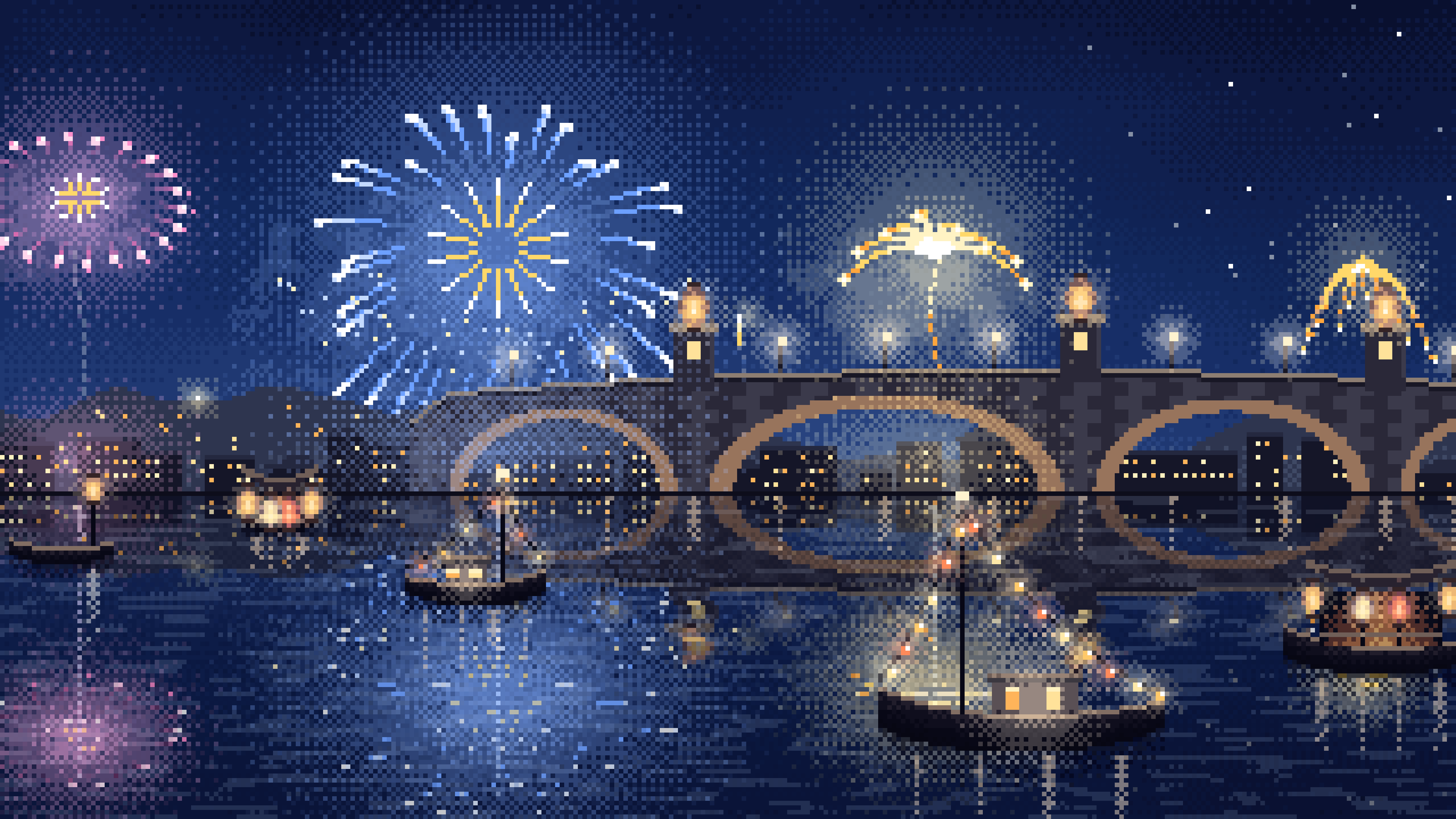 Navy Pixel Art New Year Fireworks Over a Harbor desktop wallpaper in 4K