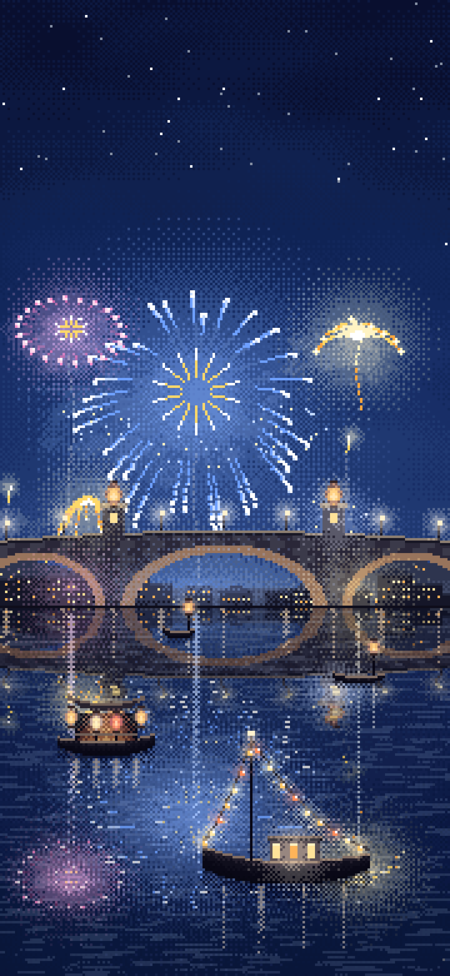 Navy Pixel Art New Year Fireworks Over a Harbor wallpaper for iPhone and Android