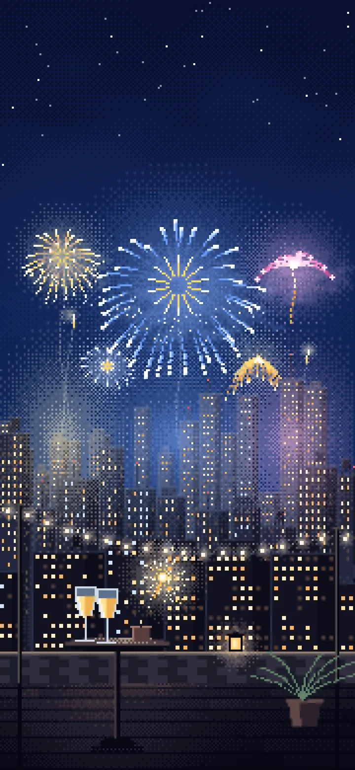 Navy Pixel Art New Year Rooftop Fireworks wallpaper for iPhone and Android