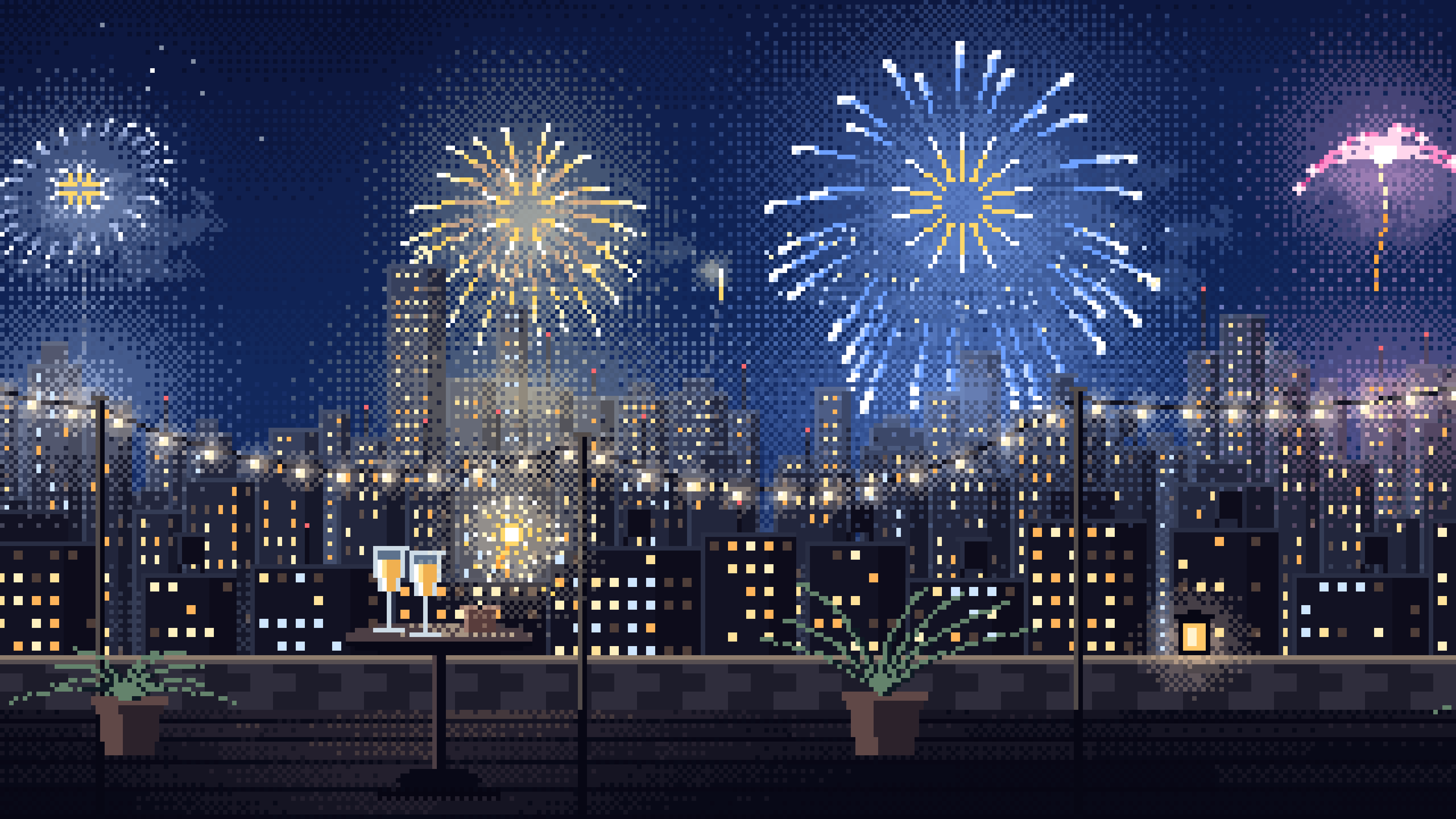 Navy Pixel Art New Year Rooftop Fireworks desktop wallpaper in 4K