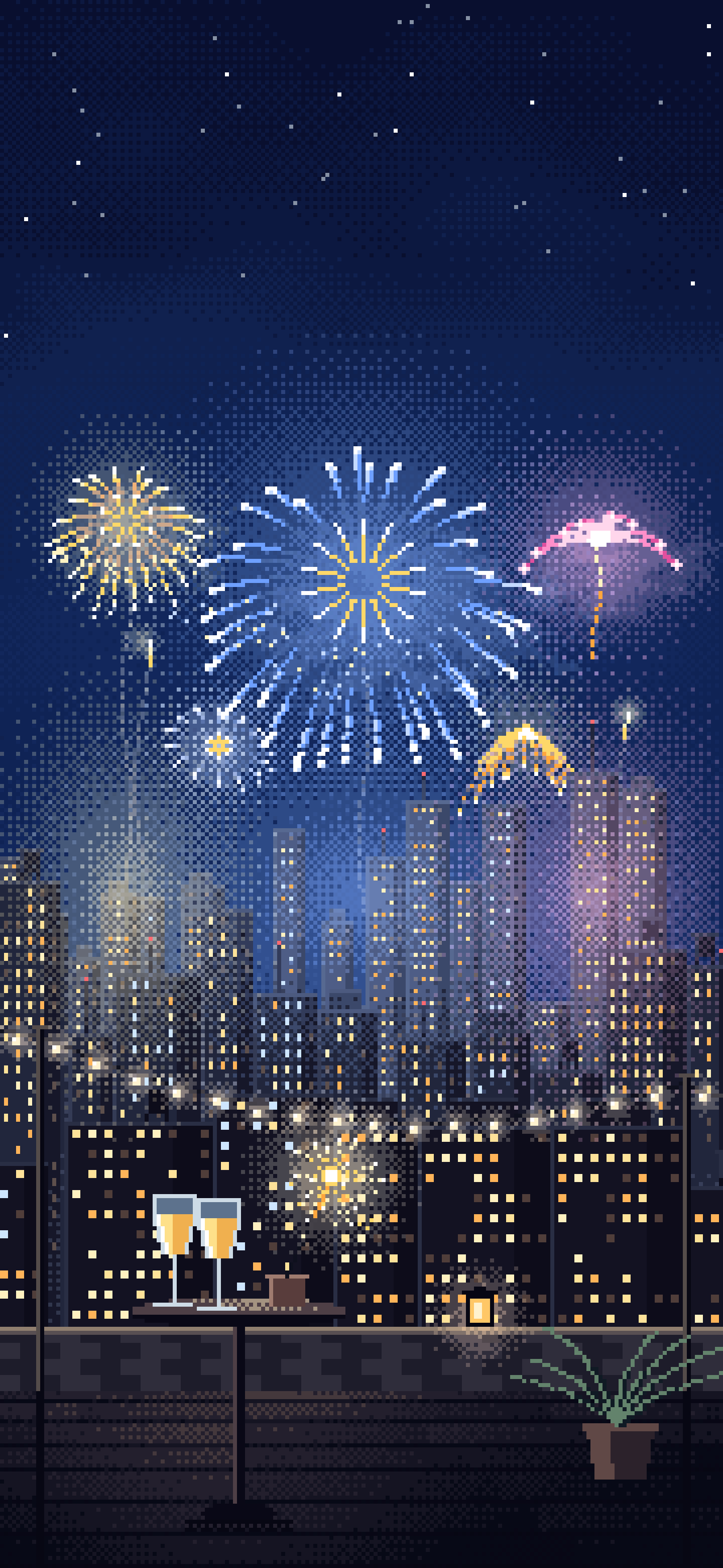 Navy Pixel Art New Year Rooftop Fireworks wallpaper for iPhone and Android
