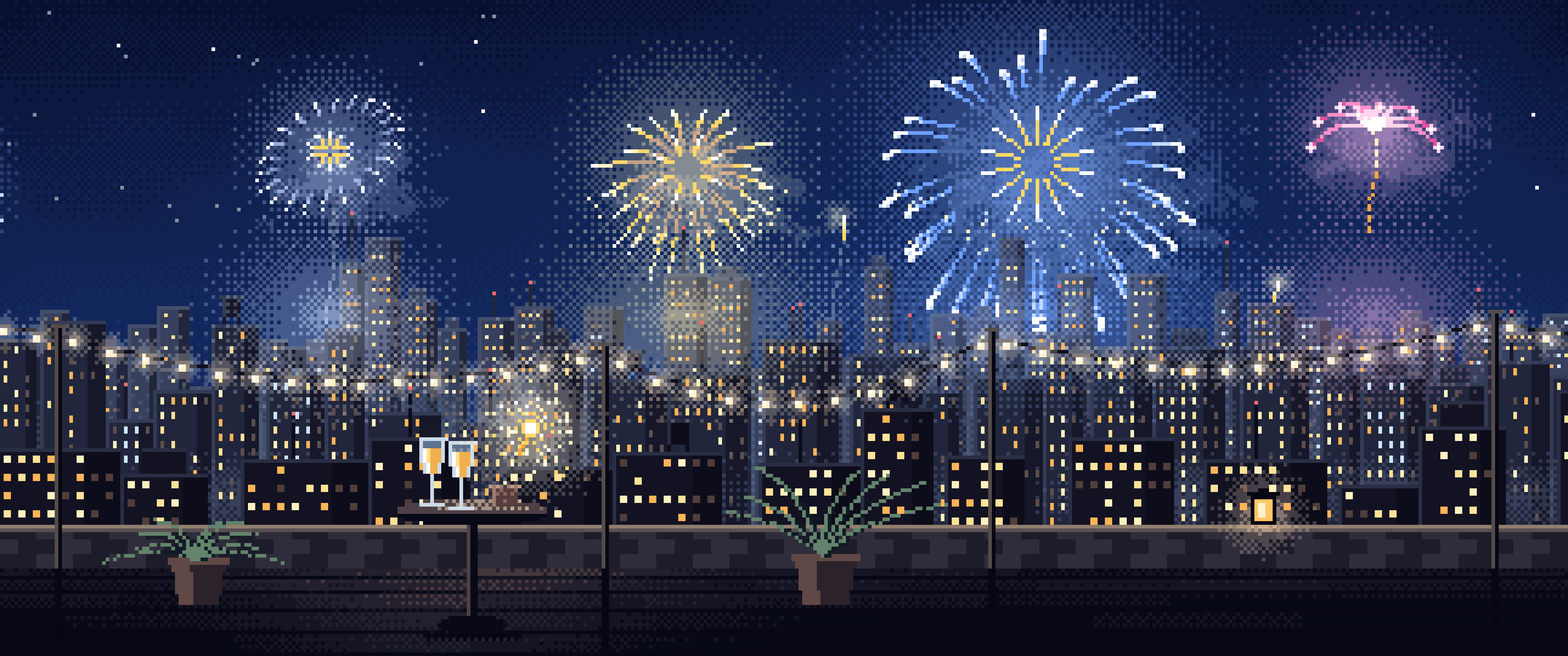 Navy Pixel Art New Year Rooftop Fireworks ultrawide wallpaper, 3440 × 1440