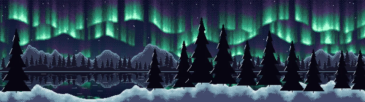 Navy Pixel Art Northern Lights dual monitor wallpaper, 7680 × 2160