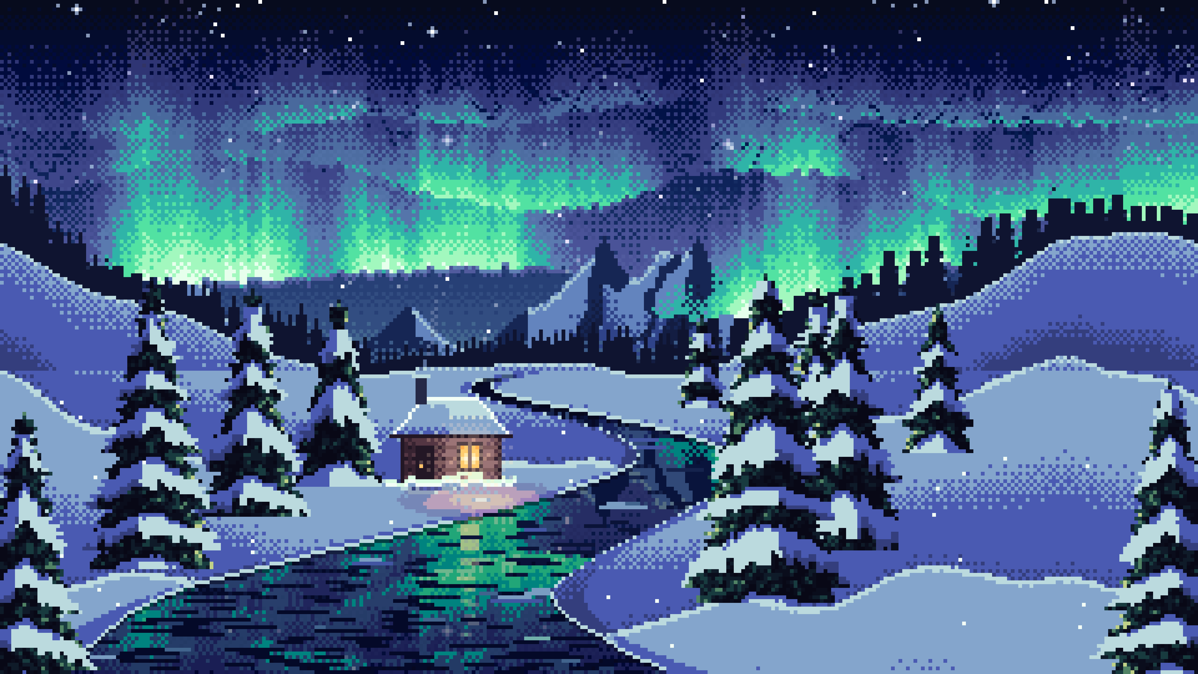 Navy Pixel Art Northern Lights Over a Snowy Valley desktop wallpaper in 4K