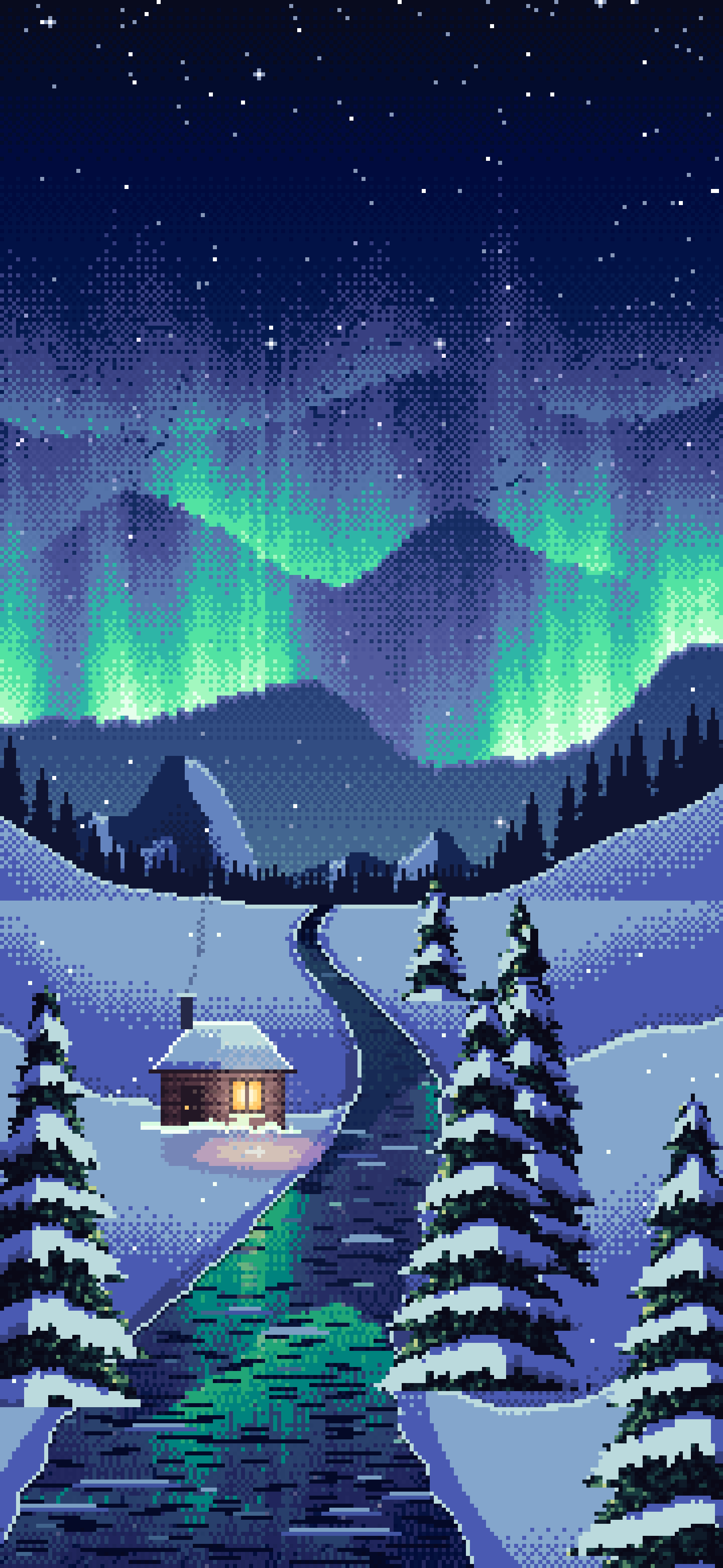 Navy Pixel Art Northern Lights Over a Snowy Valley wallpaper for iPhone and Android
