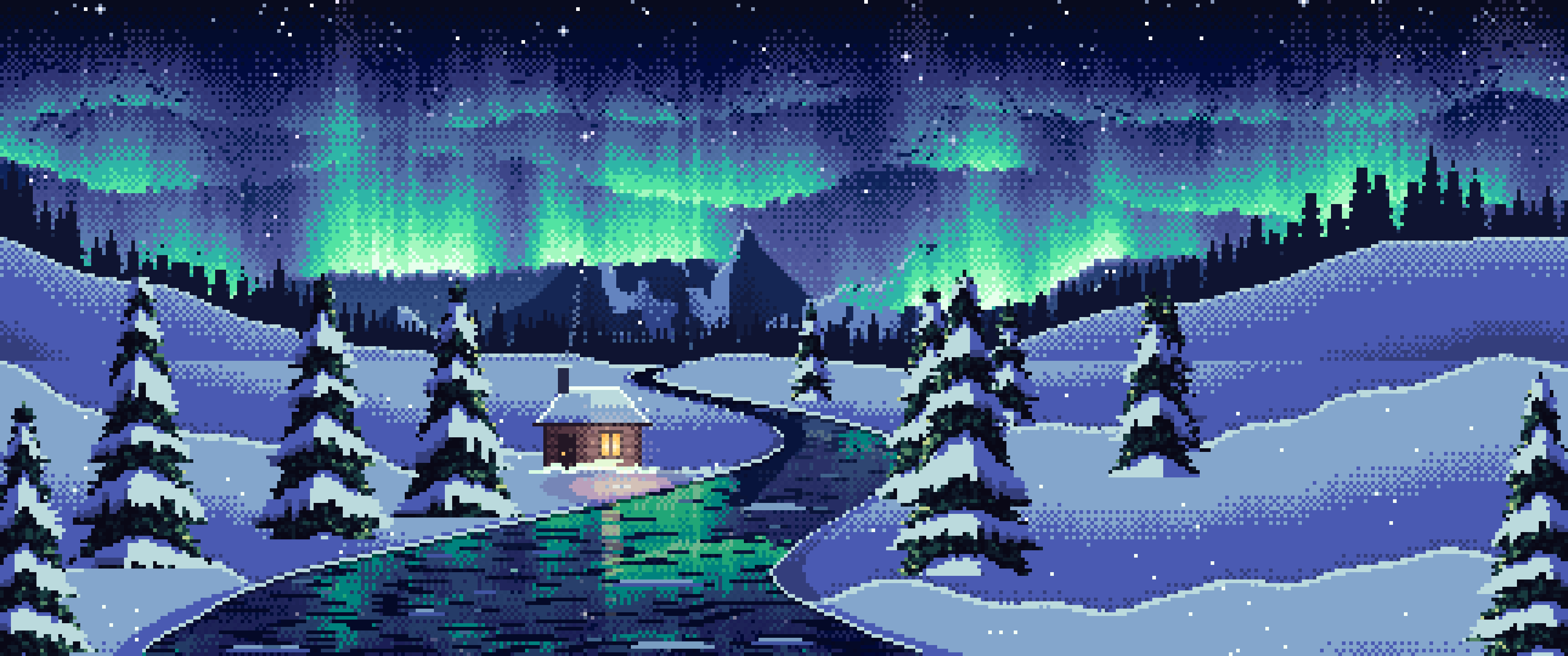 Navy Pixel Art Northern Lights Over a Snowy Valley ultrawide wallpaper, 3440 × 1440